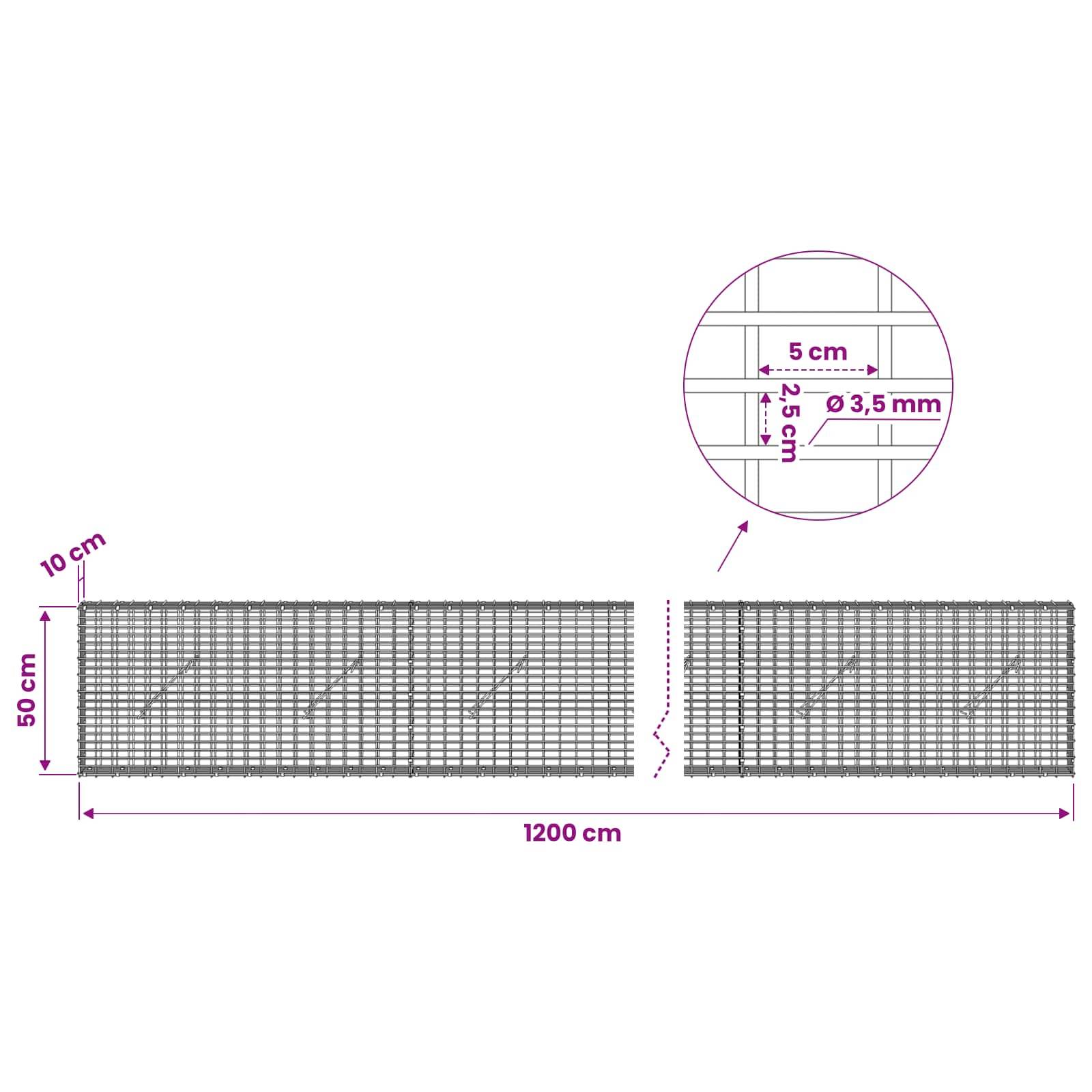 Diagramm von Drahtmattenpanelen mit den Abmessungen: 1200 cm lang, 50 cm hoch, 10 cm Überstand oben, mit 5 cm x 2,5 cm Gitter und Detailausschnitt mit 3,5 mm Drahtdurchmesser.