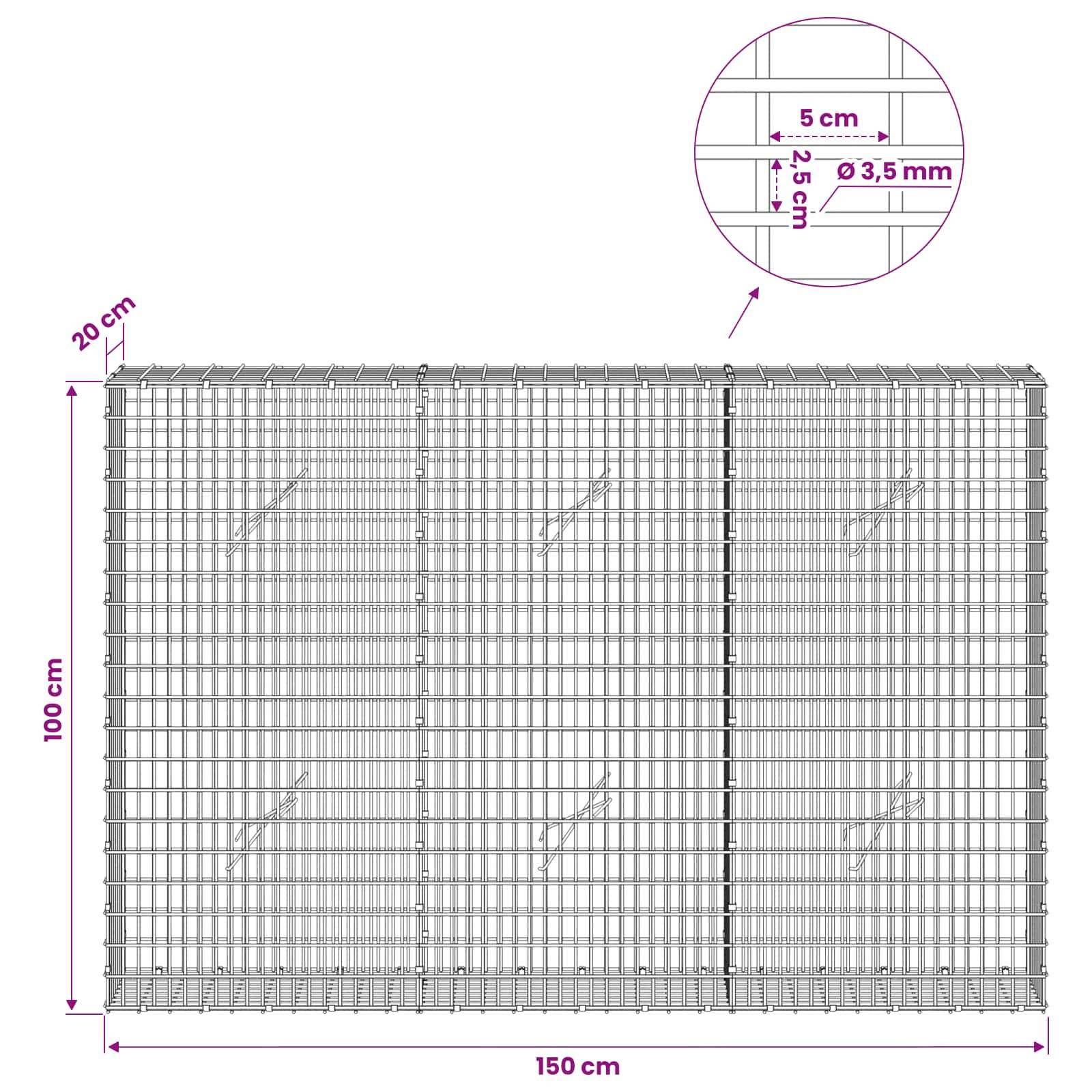 Diagramm eines rechteckigen Drahtgitterpaneels, 150 cm breit, 100 cm hoch und 20 cm tief, mit 5 cm Maschenweite und 3,5 mm Drahtdurchmesser.