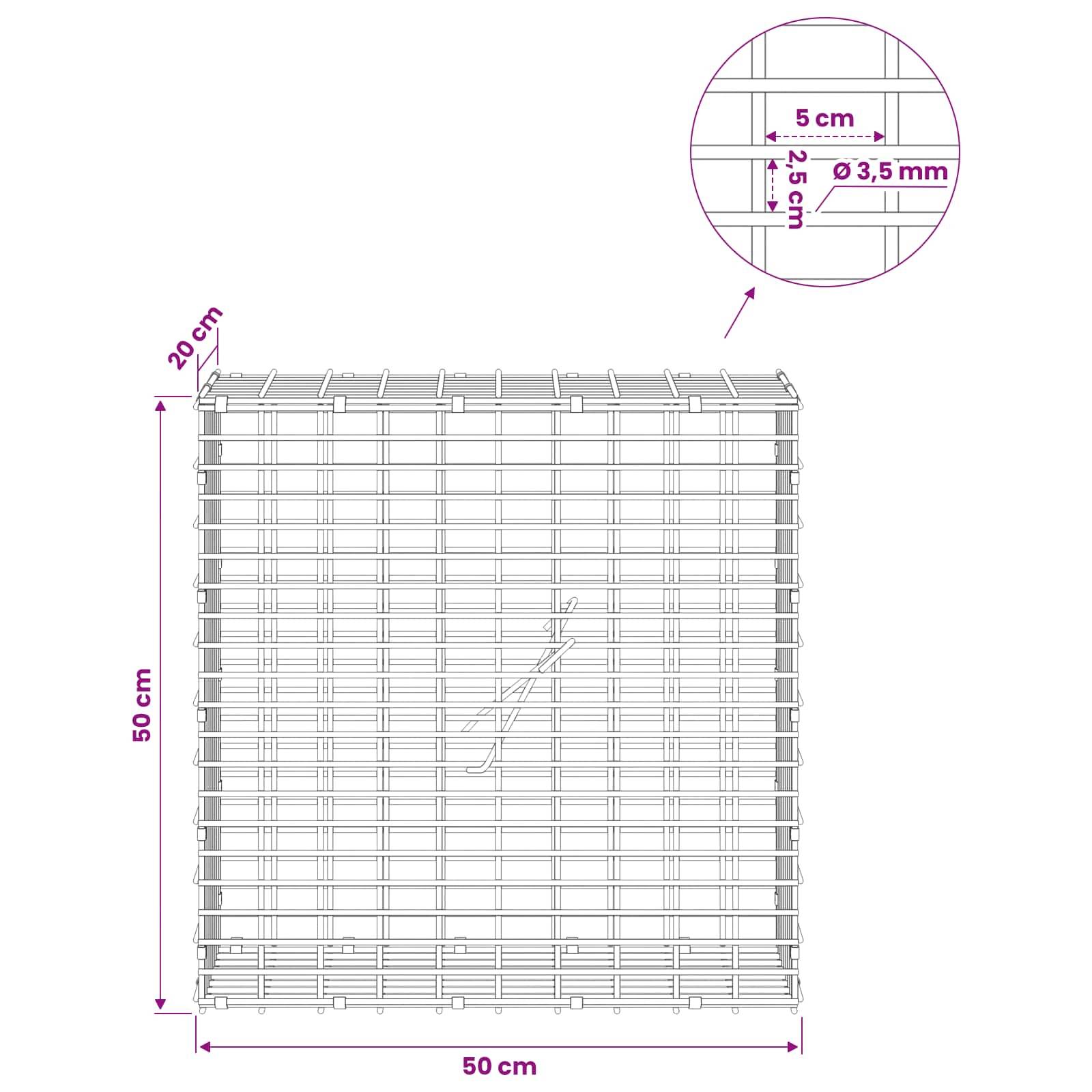 Drahtgeflecht-Paneeldiagramm mit einem 50 cm x 50 cm quadratischen Gitter mit 20 cm Tiefe; eingefügte Details zeigen 5 cm Abstände, 2,5 cm und 3,5 mm Drahtdurchmesser.
