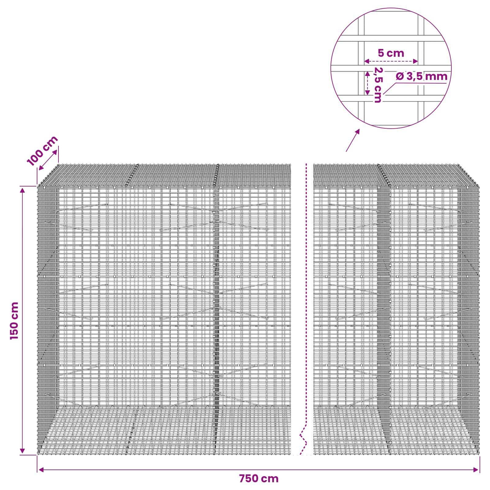 Dimensioniertes Drahtgeflecht-Gabionen-Korb-Diagramm mit einem rechteckigen Käfig, 150 cm hoch, 750 cm breit, 100 cm tief, mit 5 cm Gitter und 3,5 mm Draht.