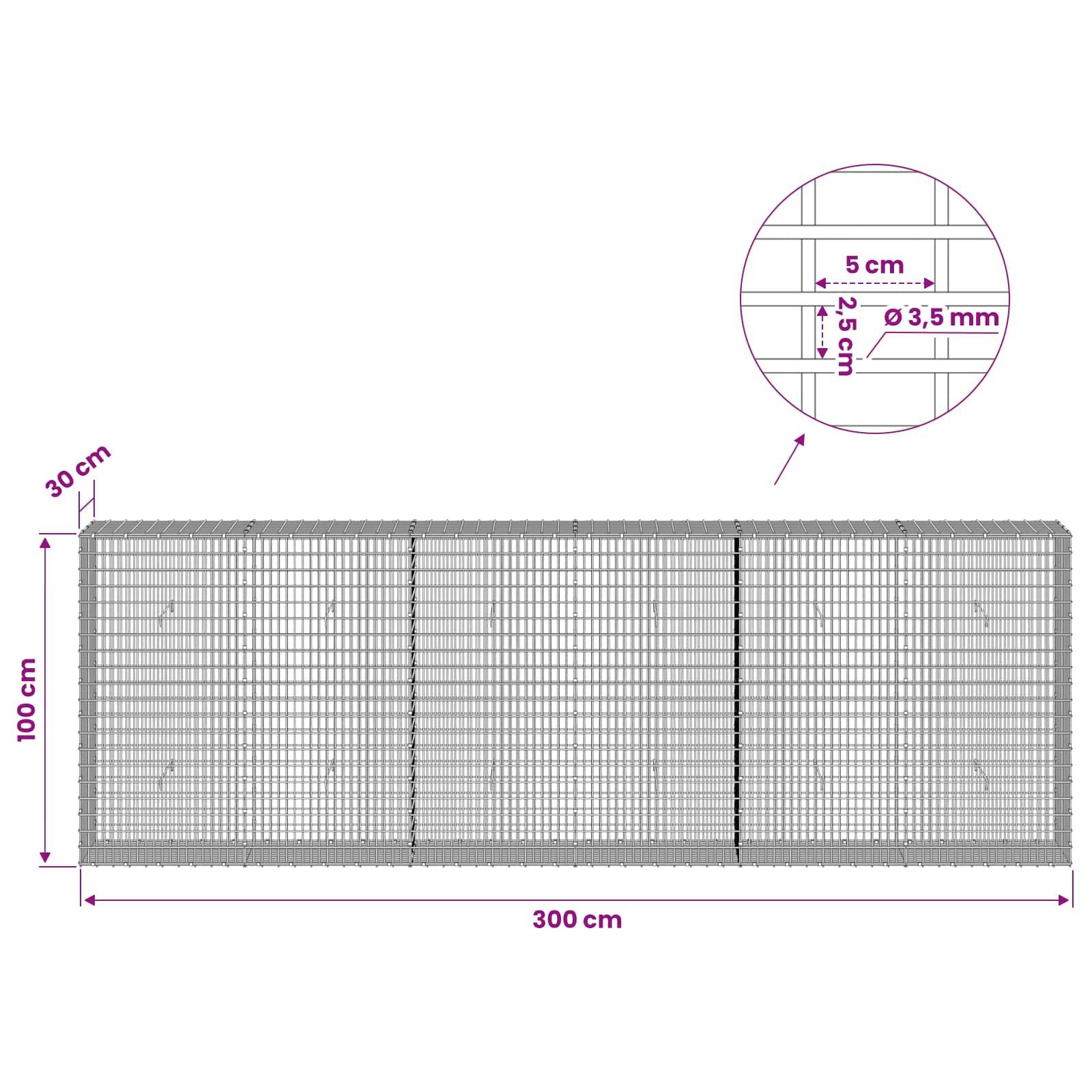 Technische Zeichnung eines Metallnetzpanels, 300 cm breit und 100 cm hoch, mit 30 cm Seitentiefe; Ausschnitt zeigt 5 cm x 2,5 cm Netzöffnungen und 3,5 mm Drahtdicke.