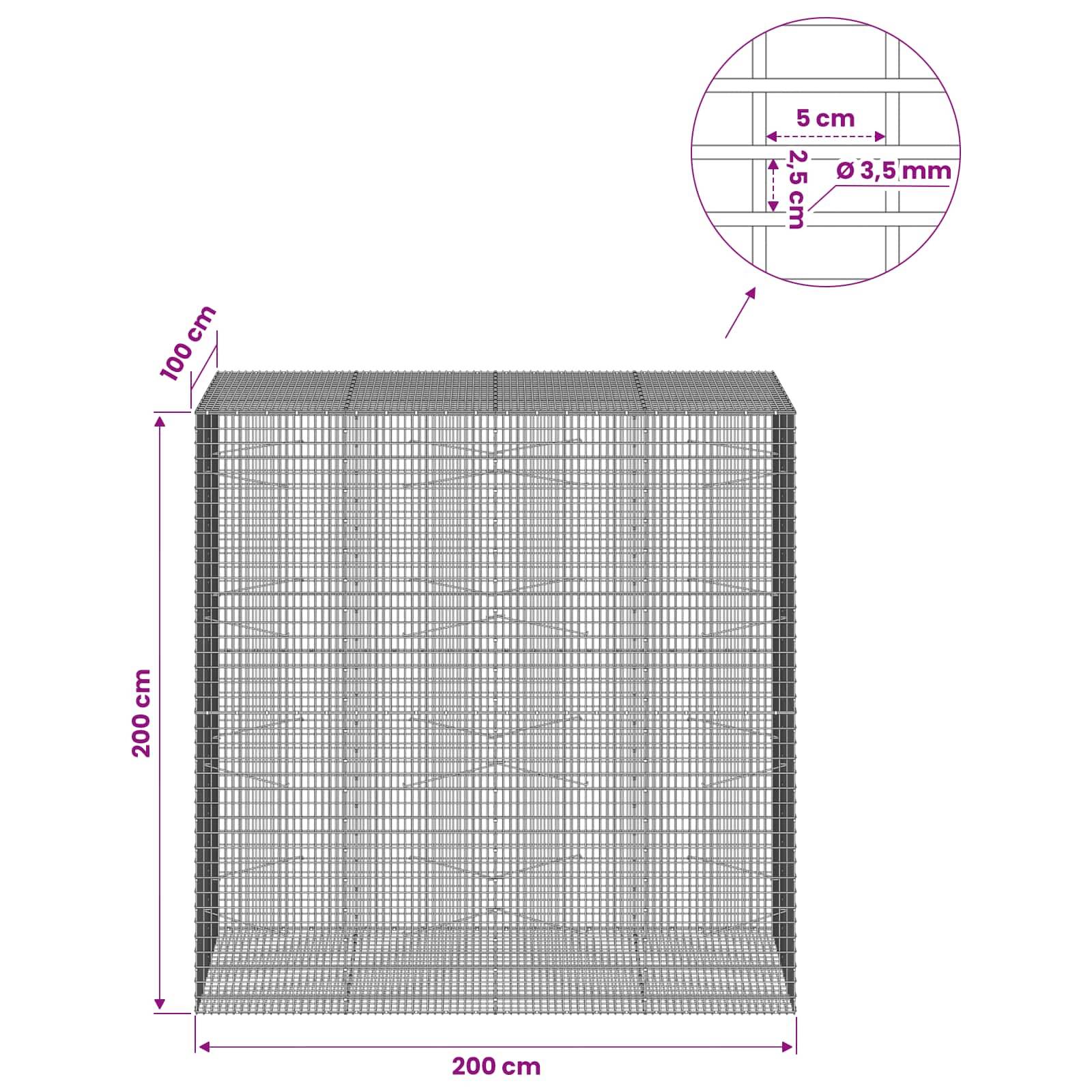 Drahtgeflecht-Gabionenkörbe, 200 cm breit, 200 cm hoch, 100 cm tief; Detailausschnitt zeigt 5 cm Gitter und 3,5 mm Drahtdurchmesser.