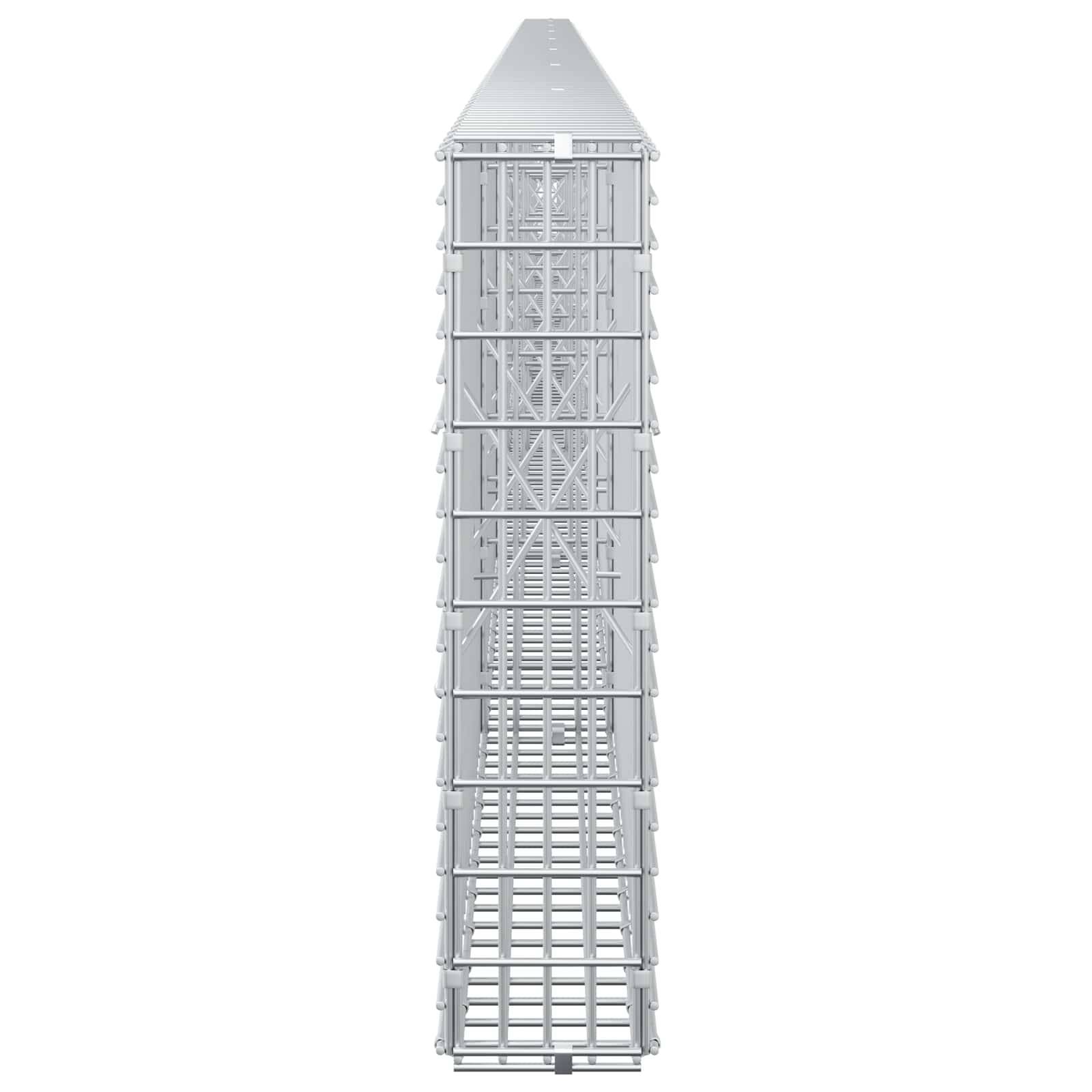 Ein großes, enges Metallturm- oder Gestängegebilde, das aufrecht auf weißem Hintergrund dargestellt ist.