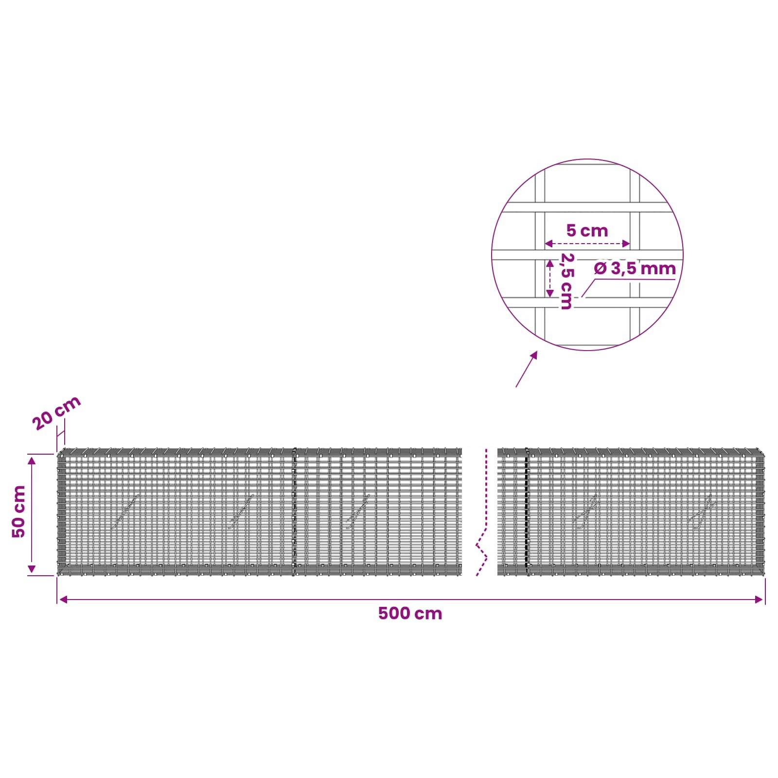 Technisches Diagramm eines Drahtgitterpanels mit Abmessungen: 500 cm breit, 50 cm hoch, 20 cm oberer Versatz, 5 cm Abstand, 2,5 cm und Ø3,5 mm Draht.