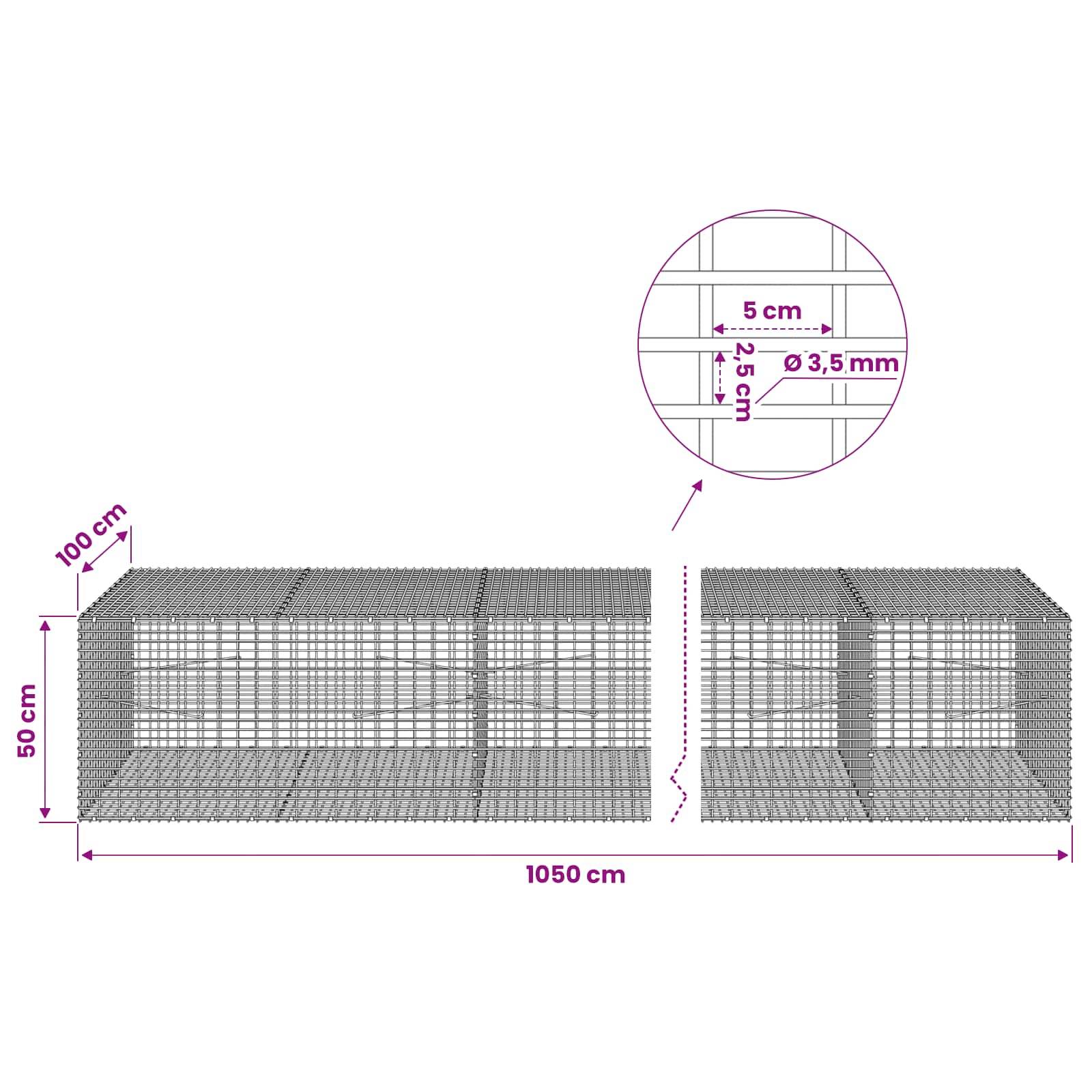 Diagramm von Drahtgitter-Gabionen-Körben mit Gesamtabmessungen 1050 cm Länge, 50 cm Höhe, 100 cm Tiefe, mit 5 cm x 2,5 cm Maschenweite aus 3,5 mm Draht.