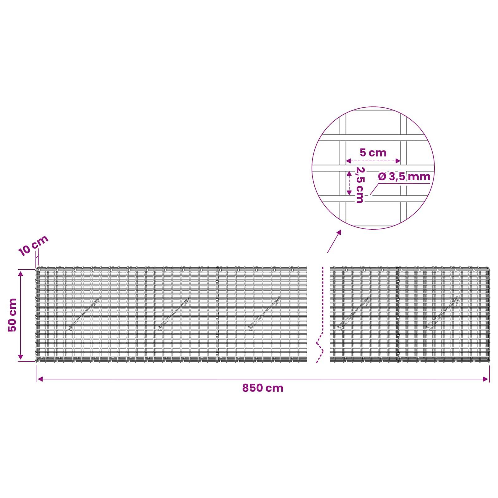 Diagramm von Drahtgitterpaneelen mit einer Gesamtlänge von 850 cm, einer Höhe von 50 cm, einer oberen Überlapppung von 10 cm und einer Maschenweite von 5 cm mal 2,5 cm mit einem Drahtdurchmesser von 3,5 mm.