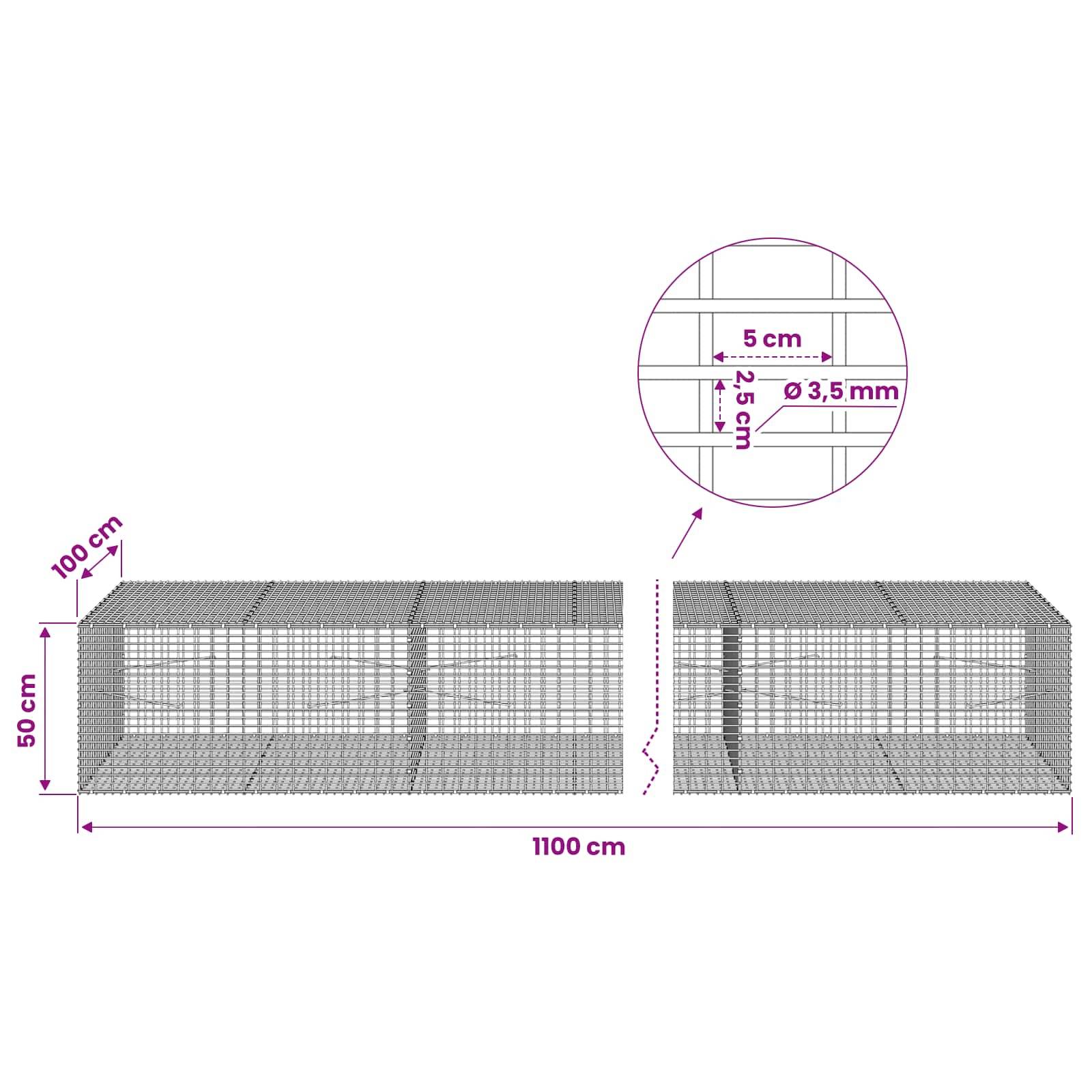 Technisches Diagramm einer Drahtkorbgabione mit den Abmessungen 1100 cm Länge, 50 cm Höhe, 100 cm Tiefe, mit 5 cm x 2,5 cm Maschenweite und 3,5 mm Draht.