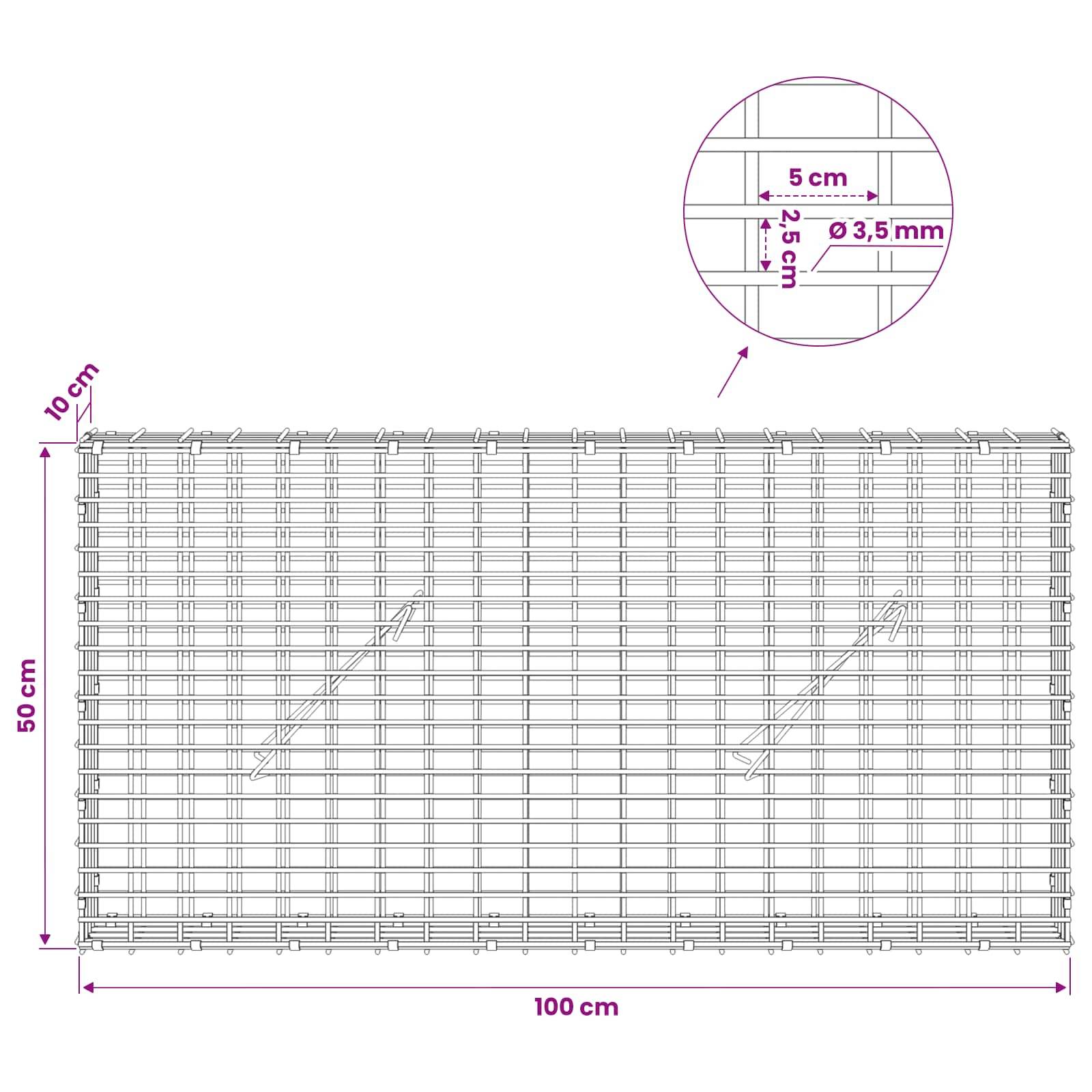 Technische Zeichnung eines Metallgitterpanels mit den Abmessungen 100 cm Breite mal 50 cm Höhe, mit 10 cm oberer Tiefe und Detailausschnitt für 5 cm Abstände und 3,5 mm Drahtdurchmesser.