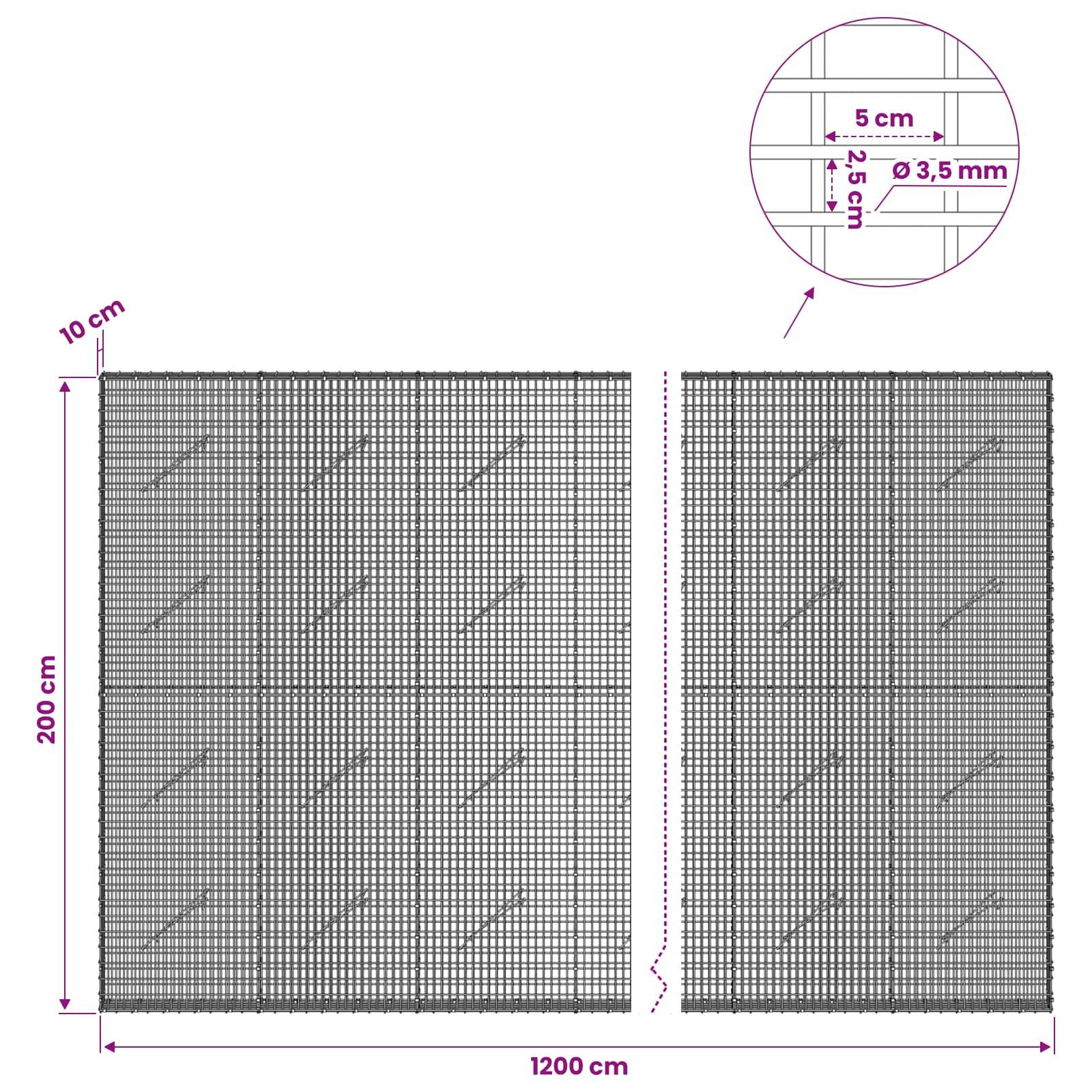 Technisches Diagramm eines Drahtgitterpanels mit den Maßen 1200 cm Breite mal 200 cm Höhe, mit 10 cm Rand und eingefügtem Detail von 5 cm Abstand und 3,5 mm Drahtdurchmesser.