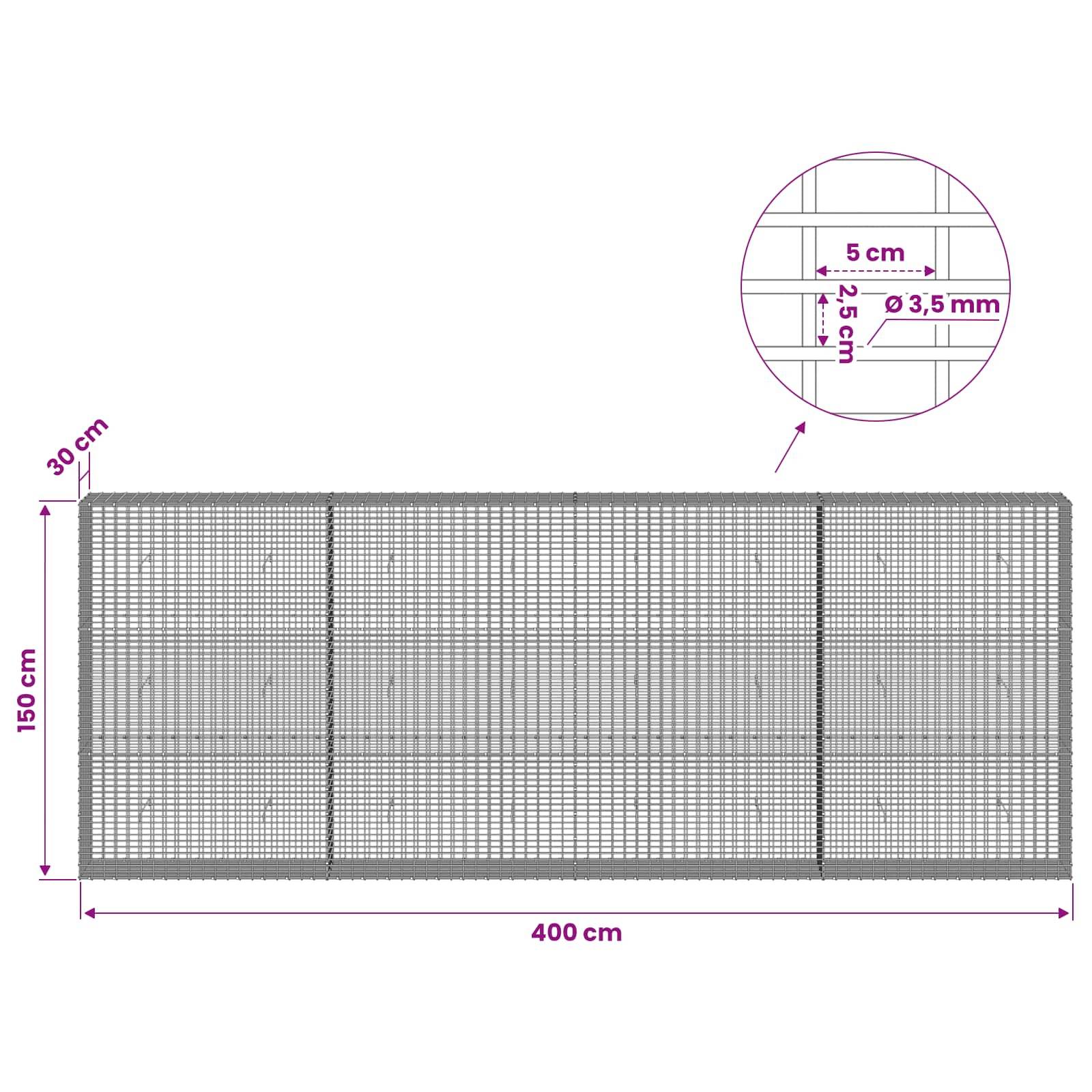 Technische Zeichnung einer Drahtgitterpaneel mit einer Breite von 400 cm und einer Höhe von 150 cm mit 30 cm Randabstand und eine Detailansicht mit 5 cm × 2,5 cm Gittermasche und 3,5 mm Drahtdurchmesser.