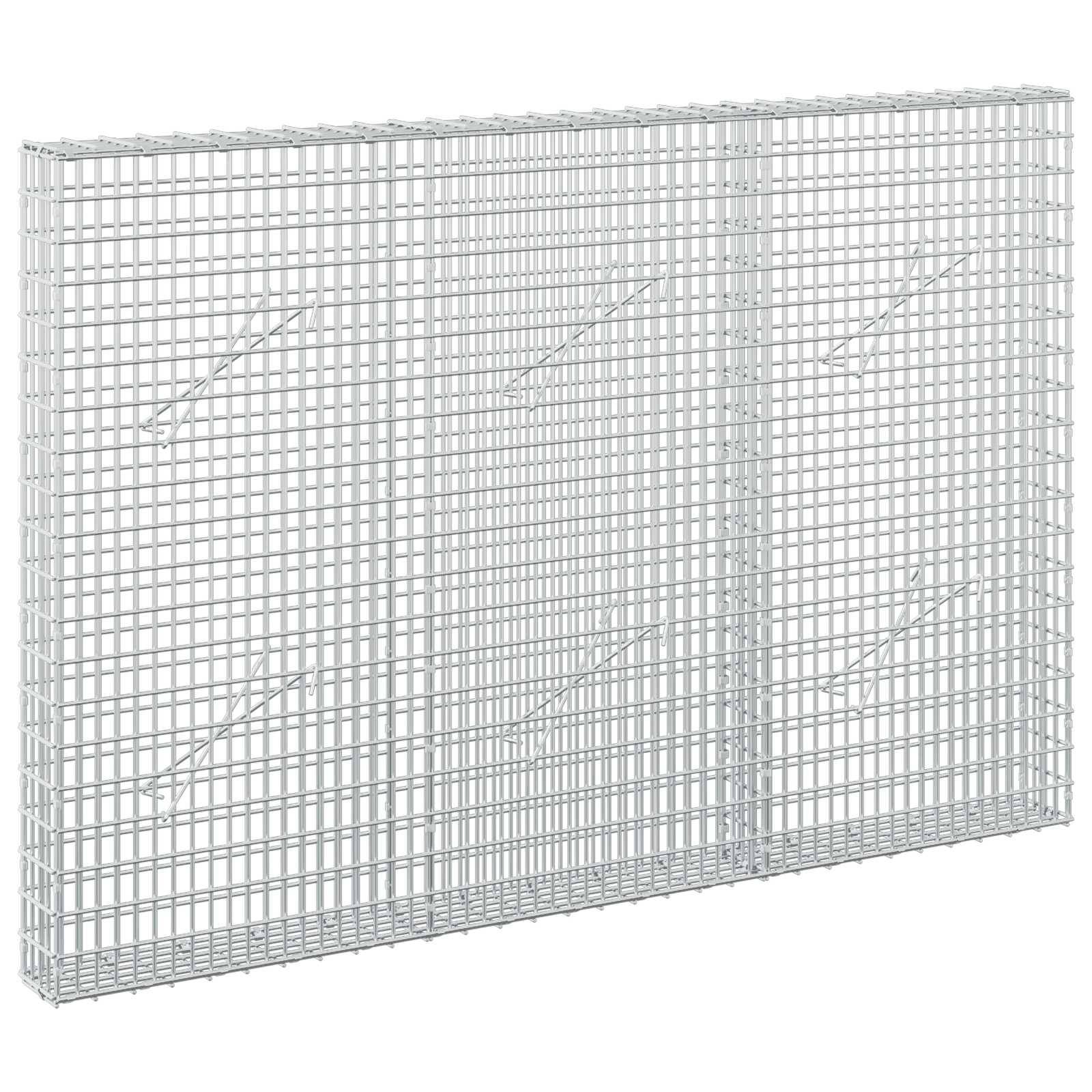 Weißes Drahtgeflecht-Gabionenkorb-Wandpaneel mit rechteckigem Gitter und verstärkten diagonalen Abstützungen, auf weißem Hintergrund dargestellt.
