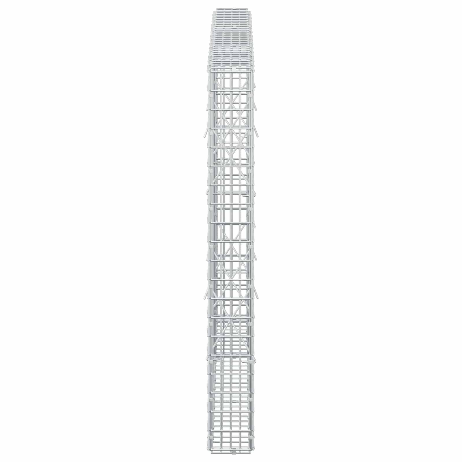 Hoher schmaler Stahlgitterturm oder Antennenmast isoliert auf weißem Hintergrund, dargestellt als Frontansicht mit einer Gitterstruktur und verjüngter Spitze.