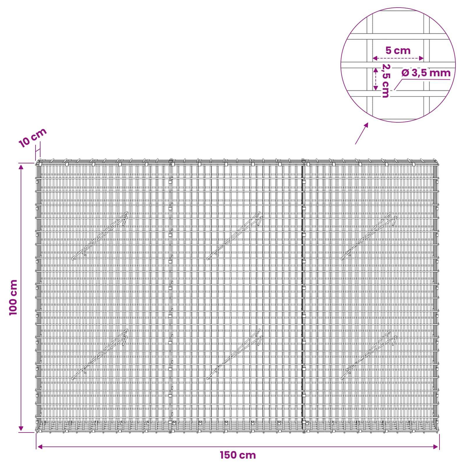 Drahtgeflecht-Paneel-Diagramm mit einem rechteckigen Gitter von 150 cm x 100 cm mit 10 cm Rand und eingefügtem Detail mit 5 cm Abstände und 3,5 mm Drahtdicke.