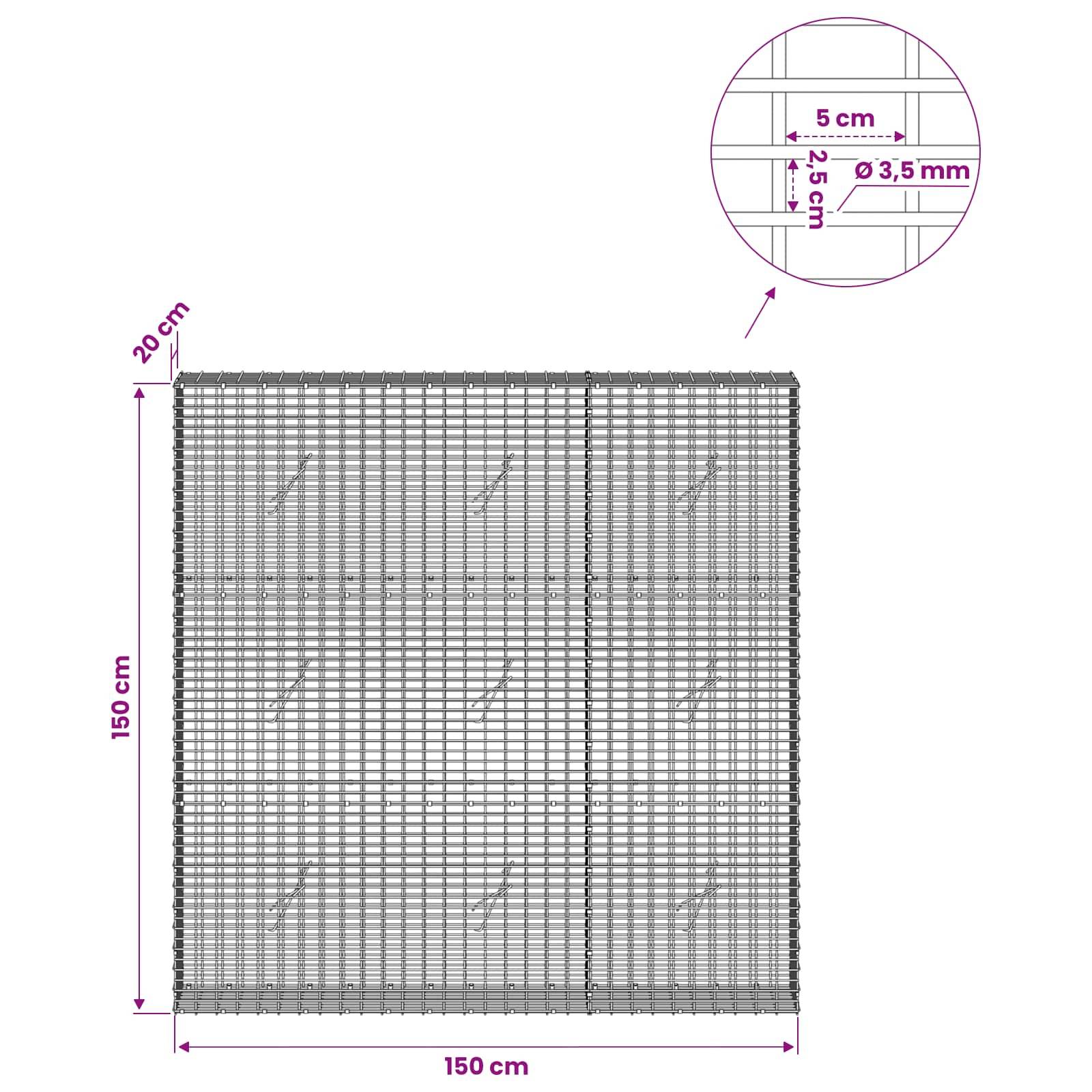 Drahtnetzplatte von vorne gezeigt, 150 cm mal 150 cm, mit 20 cm oberem Bereich; Detailansicht zeigt Gitterabstand 5 cm, 2,5 cm Draht, 3,5 mm Drahtdurchmesser.