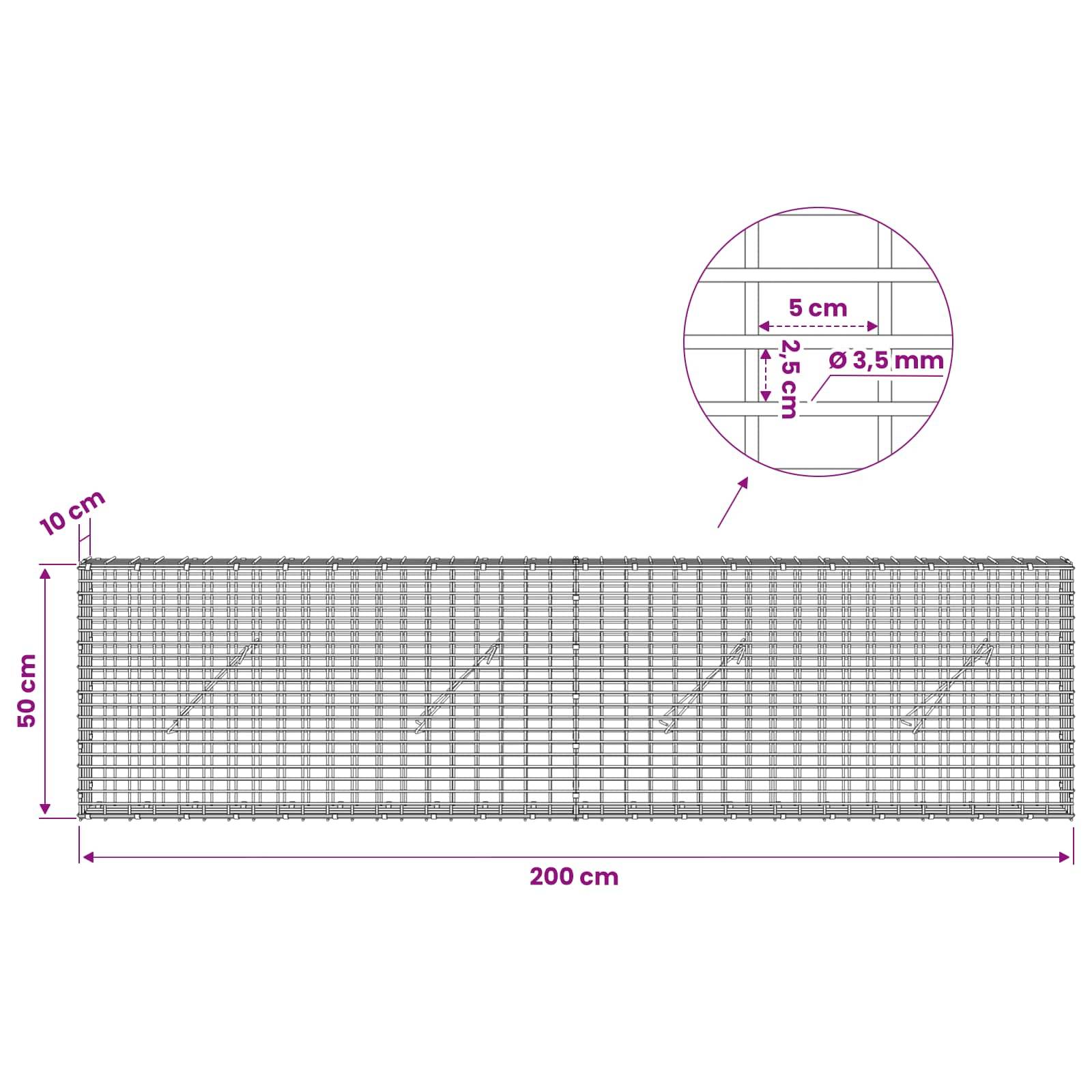 Drahtnetzplatte mit einer Breite von 200 cm und einer Höhe von 50 cm, mit einem oberen Versatz von 10 cm und Nahaufnahme, die einen Abstand von 5 cm und einen Drahtdurchmesser von 3,5 mm zeigt.