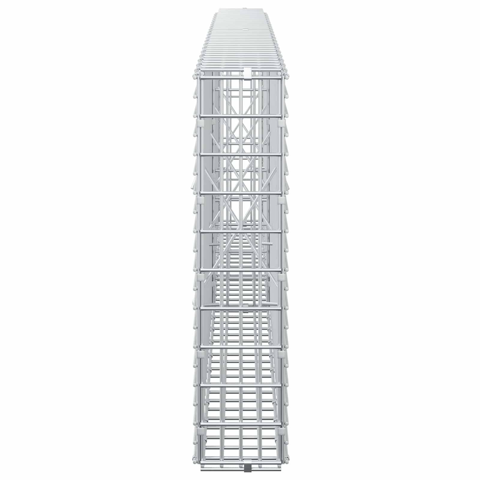 Vertikale Metallturm-Gerüststruktur mit mehreren gestapelten Abschnitten und Queraussteifung, dargestellt in einer Frontansicht vor weißem Hintergrund.