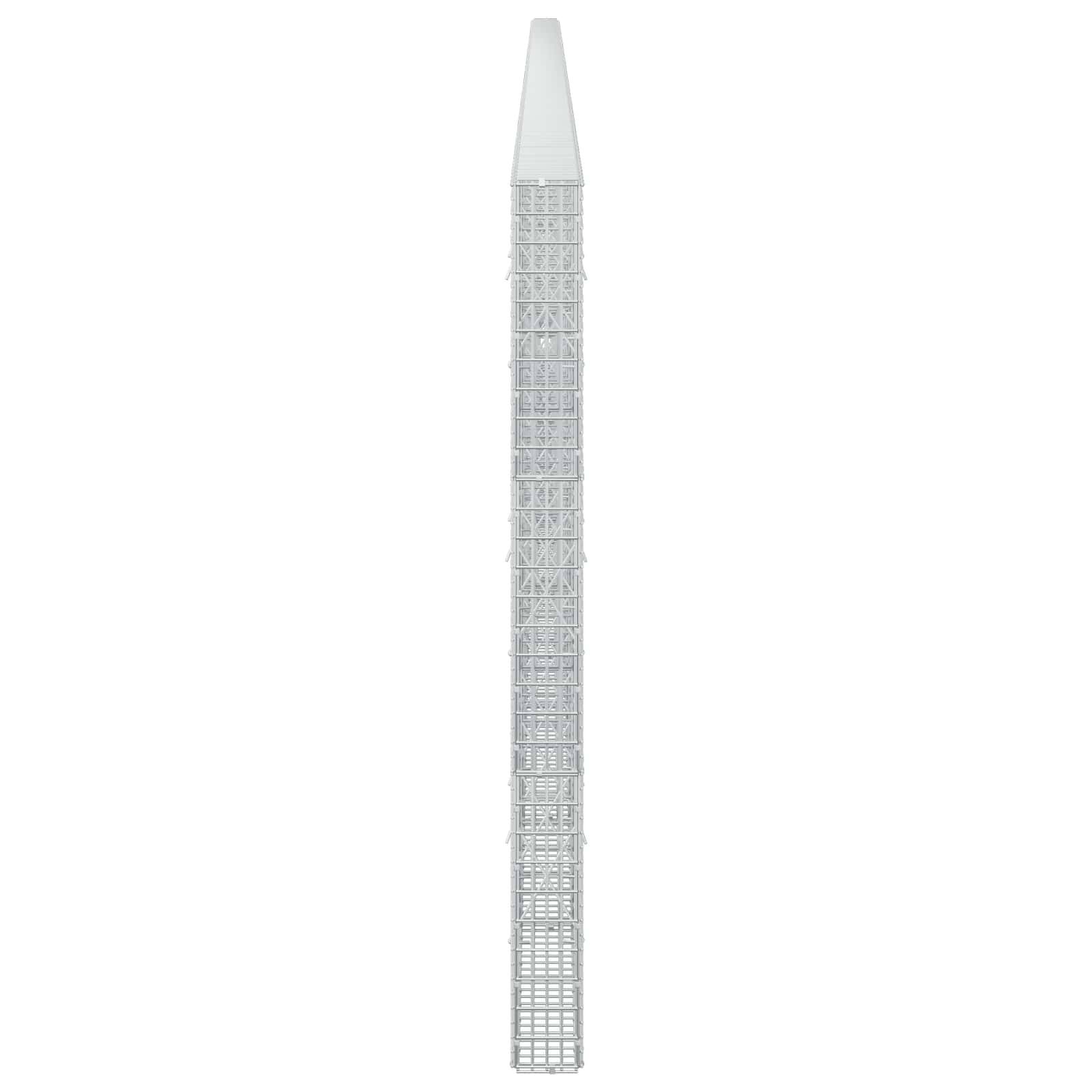 Hohes, schmales weißes Gitterwerk-Turm- oder Obelisk-Modell, das aufrecht auf schlicht weißem Hintergrund steht.