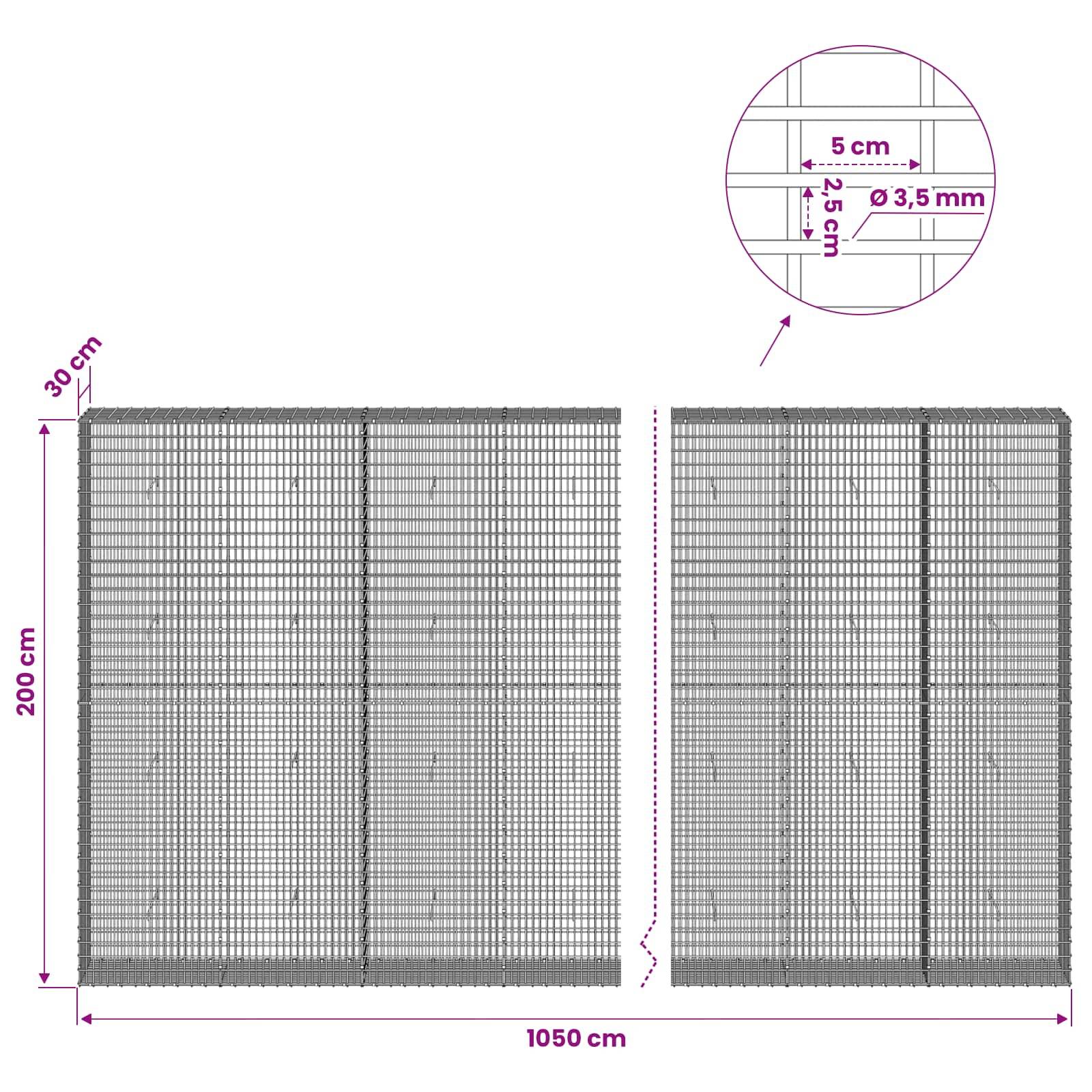 Technische Zeichnung von zwei Maschendrahtzaun-Paneelen mit Abmessungen: 200 cm Höhe, 1050 cm Breite, 30 cm Tiefe und Nahaufnahme mit 5 cm Abstand und 3,5 mm Drahtdurchmesser.