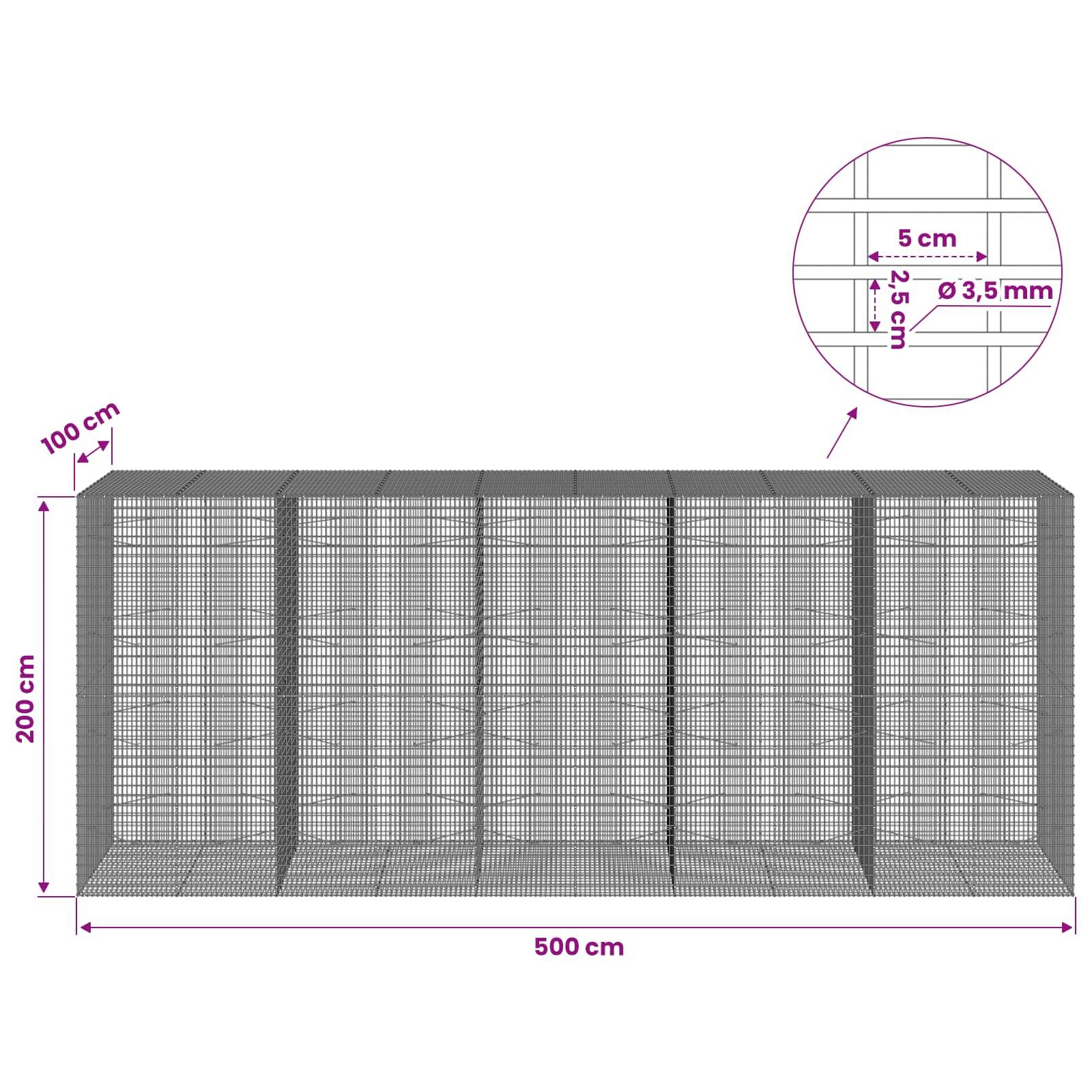Drahtgeflecht-Gehäuse-Diagramm mit einer 500 cm breiten, 200 cm hohen und 100 cm tiefen Struktur; Hinweise im Detail zeigen einen Abstand von 5 cm und einen Drahtdurchmesser von 3,5 mm.