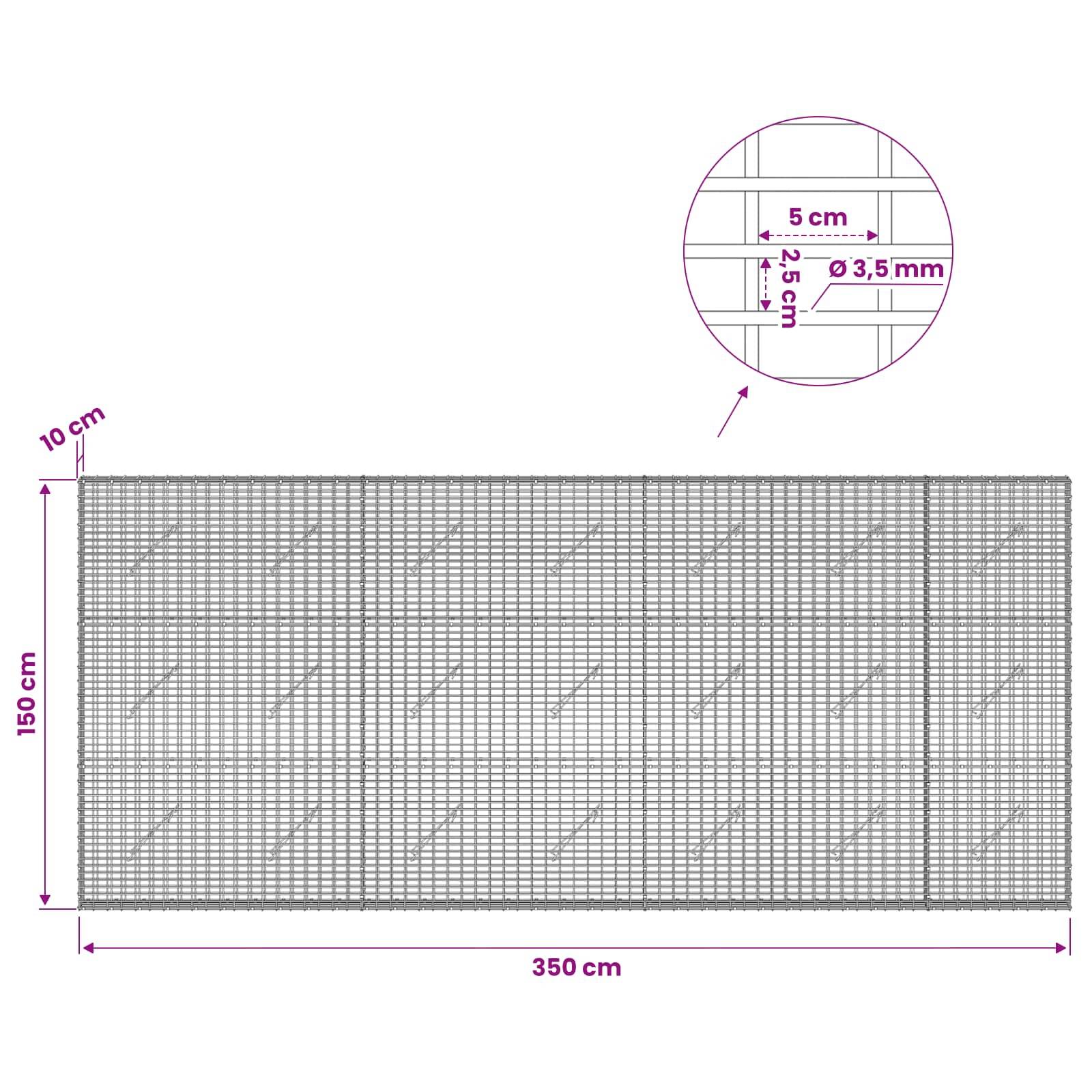 Technisches Diagramm einer rechteckigen Gitterpaneel-Fläche mit Abmessungen von 350 cm Breite und 150 cm Höhe, mit einem 10 cm Versatz oben links und einer Detaillegende für 5 cm Maschenweite und 3,5 mm Drahtdurchmesser.