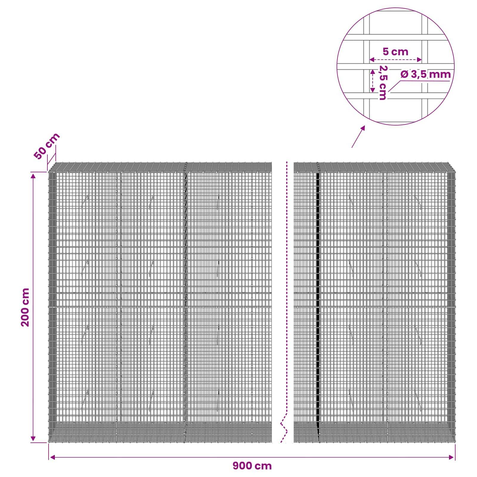 Technisches Diagramm einer Drahtkörbe-Gabionenmauer, das eine Breite von 900 cm, eine Höhe von 200 cm, eine Tiefe von 50 cm und ein Maschengeflecht von 5 cm mal 2,5 cm mit 3,5 mm Draht zeigt.
