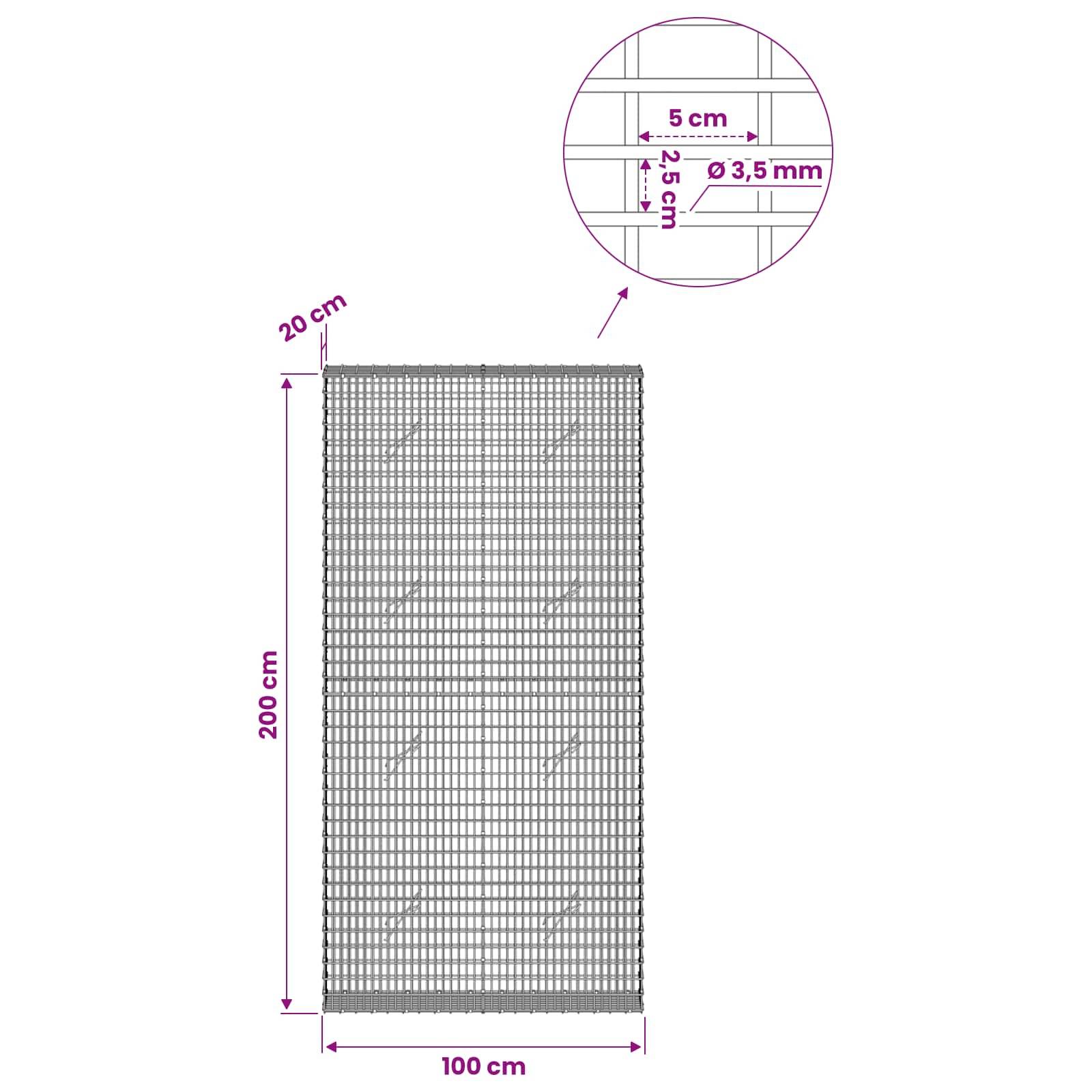 Technisches Diagramm eines rechteckigen Drahtgitterpaneels, 200 cm hoch und 100 cm breit, mit 20 cm Versatz oben und Detail mit 5 cm Abstand und 3,5 mm Drahtdurchmesser.