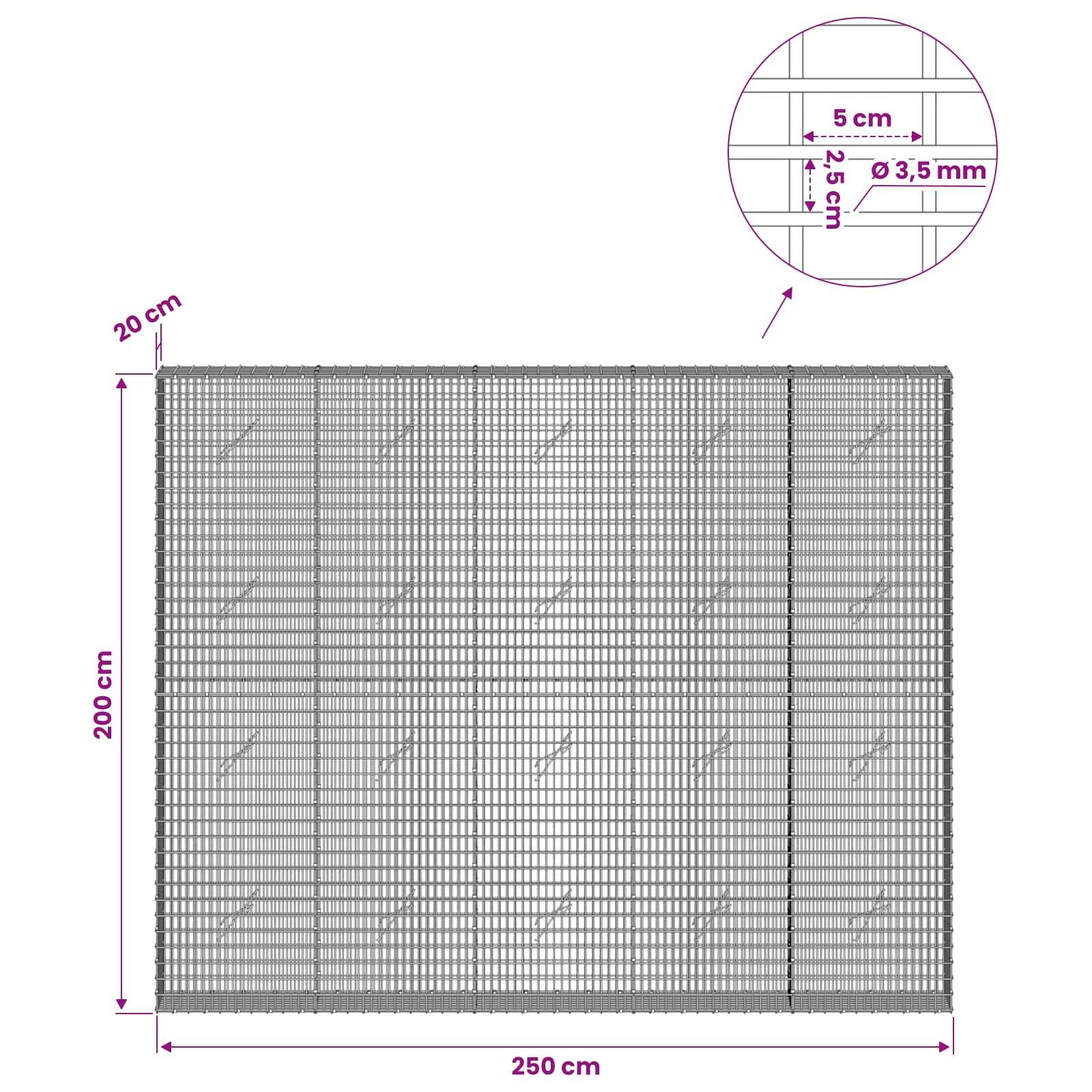 Diagramm eines Drahtgitterpanels mit Abmessungen 250 cm Breite mal 200 cm Höhe und 20 cm Rand. Die Vergrößerung zeigt 5 cm Abstand, 2,5 cm Abstand und 3,5 mm Drahtdurchmesser.