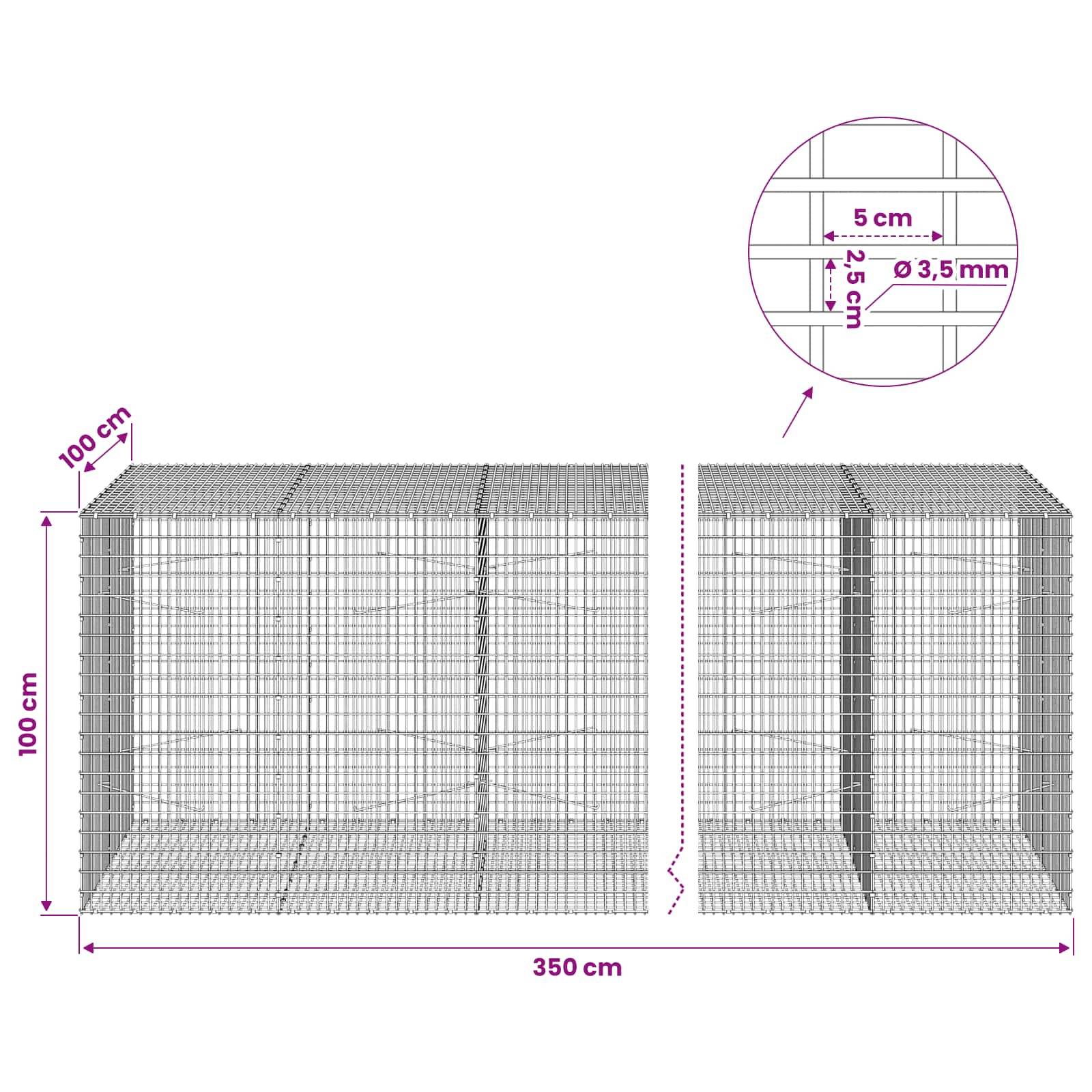 Diagramm einer Drahtgabionenmauer, die folgende Abmessungen zeigt: 350 cm lang, 100 cm hoch und 100 cm tief, mit 5 cm x 5 cm Öffnungen und 3,5 mm Drahtdurchmesser.