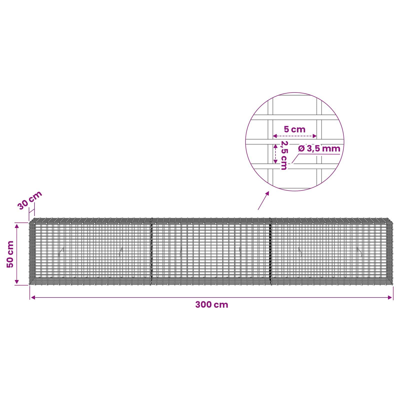 Diagramm einer Drahtgitterpaneele mit den Abmessungen 300 cm Länge, 50 cm Höhe und 30 cm Tiefe, mit Nahaufnahme zeigt 5 cm Raster und 3,5 mm Drahtdurchmesser.