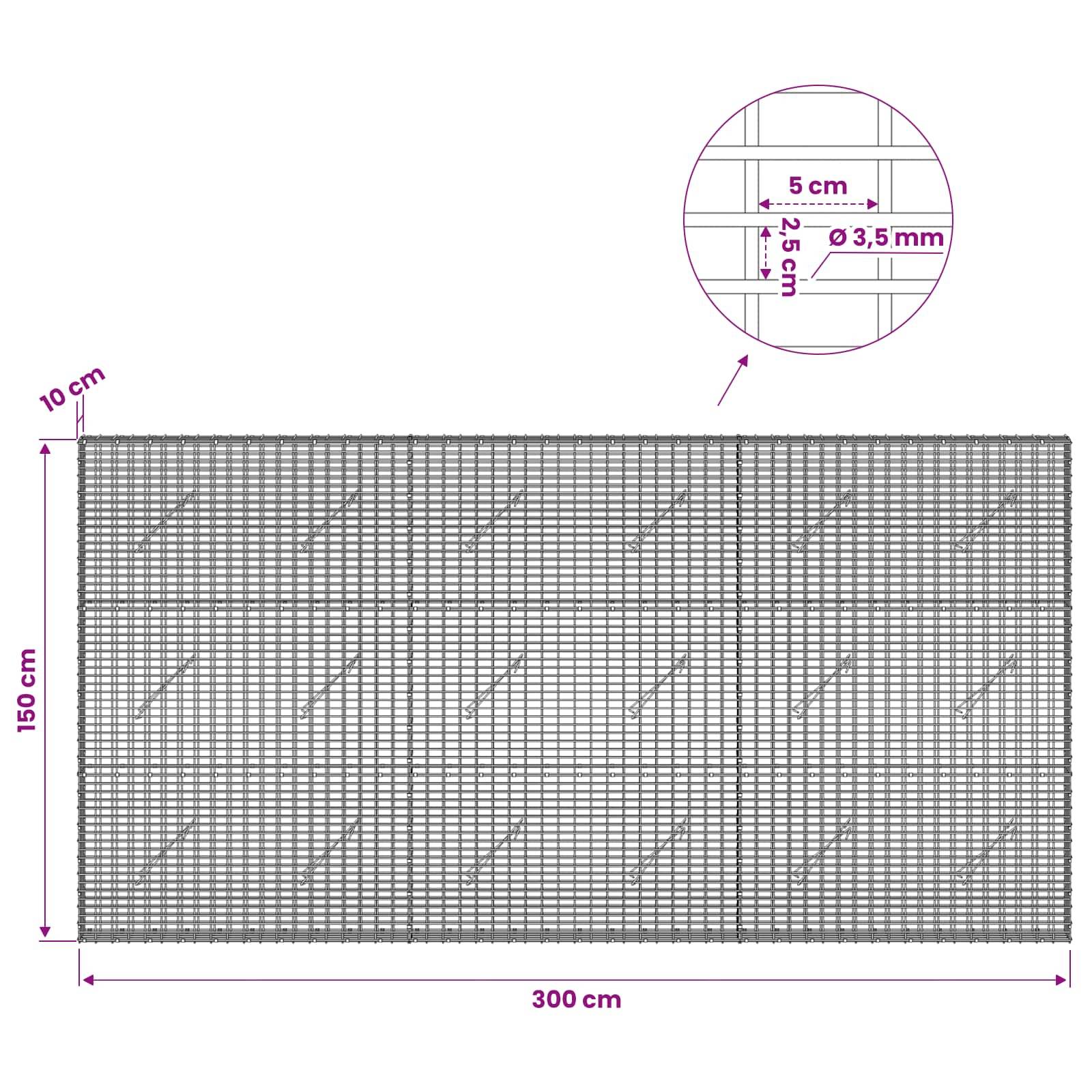 Drahtgitterplatte mit den Maßen 300 cm Breite mal 150 cm Höhe, mit 10 cm linkem Rand und Nahaufnahme zeigt 5 cm Abstand und 3,5 mm Drahtdurchmesser.