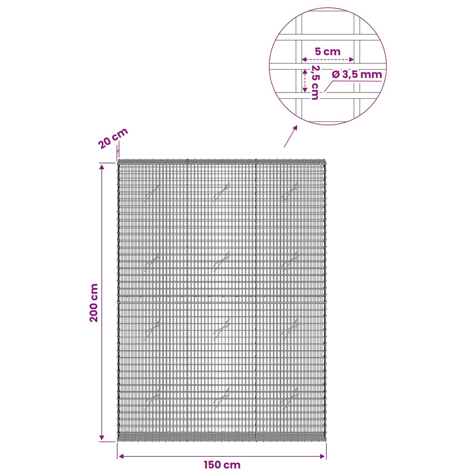 Rechteckiges Drahtgeflecht-Panel mit Abmessungen von 200 cm Höhe und 150 cm Breite, plus eine Detailzeichnung mit 5 cm Maschenweite und 3,5 mm Drahtdurchmesser.