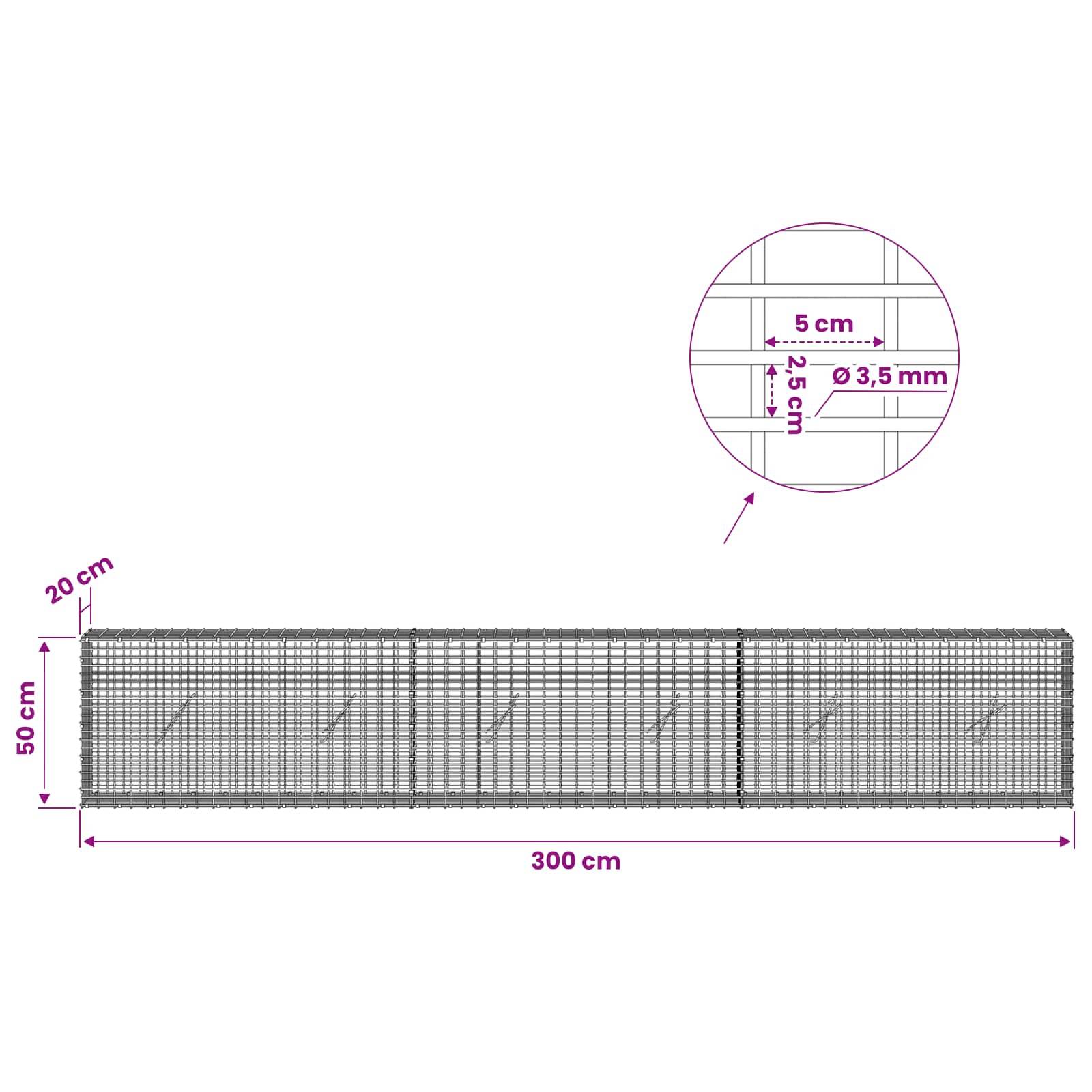 Technische Zeichnung eines rechteckigen Drahtgitterpanels mit einer Länge von 300 cm und einer Höhe von 50 cm, mit 20 cm Randabstand und einer vergrößerten Detailansicht mit 5 cm Maschenweite und 3,5 mm Drahtdurchmesser.