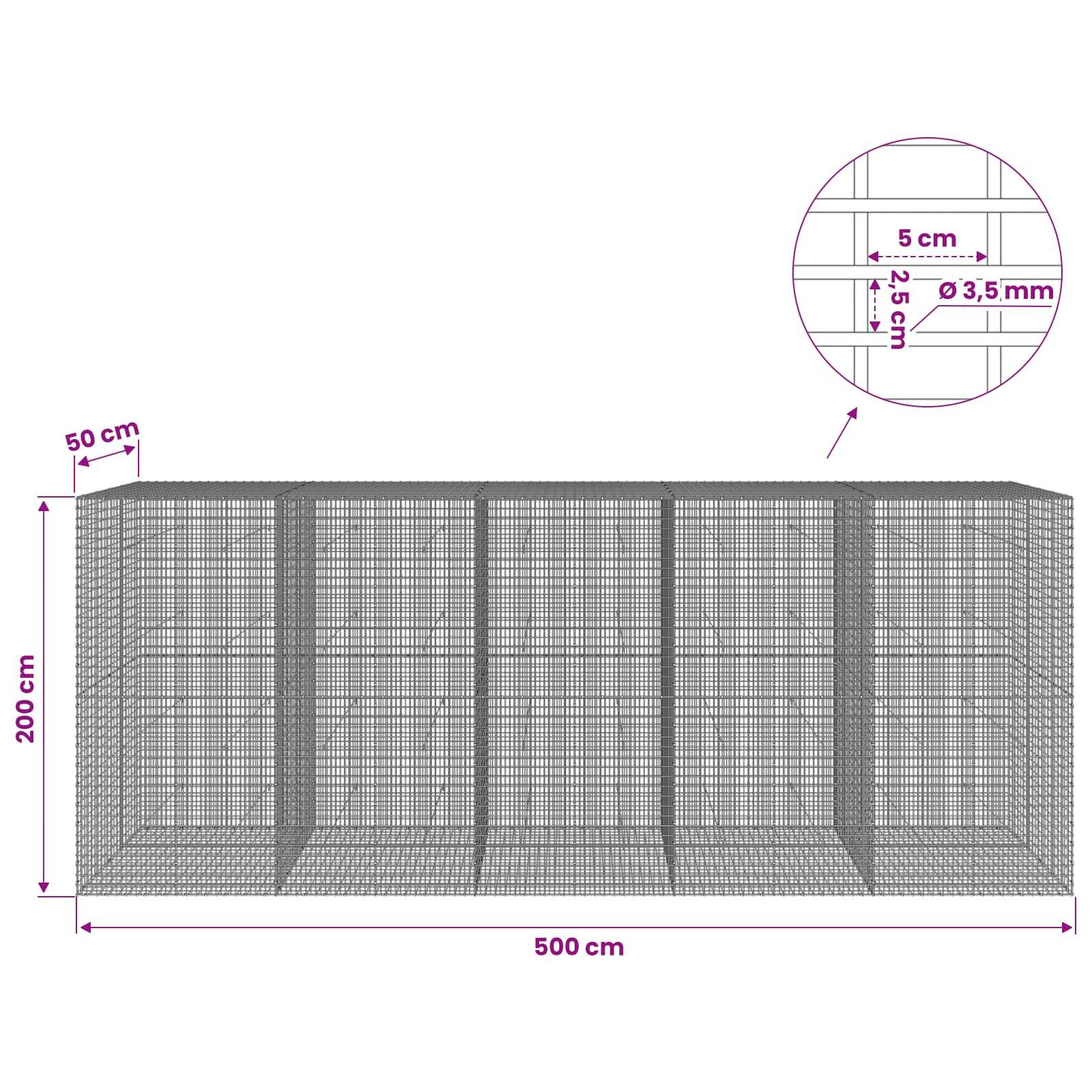 Drahtgeflecht-Gehäuse-Diagramm mit Abmessungen: 500 cm lang, 200 cm hoch, 50 cm tief, mit 5 cm Gitterabstand und 3,5 mm Drahtdurchmesser.