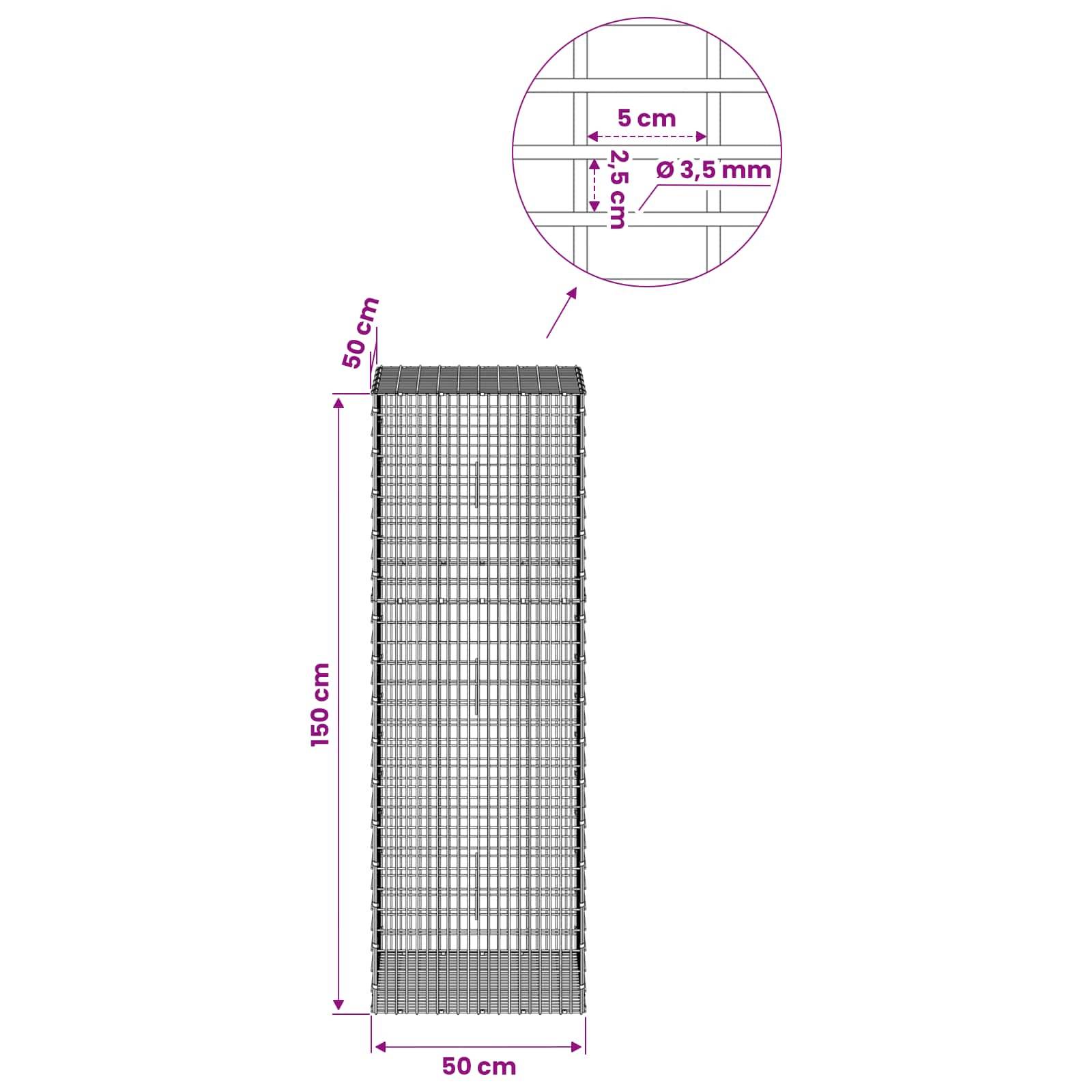 Drahtgeflecht-Paneel-Diagramm zeigt einen 150 cm x 50 cm großen rechteckigen Zaun-Abschnitt mit einer Vergrößerung, die einen Abstand von 5 cm und einen Drahtdurchmesser von 3,5 mm anzeigt.
