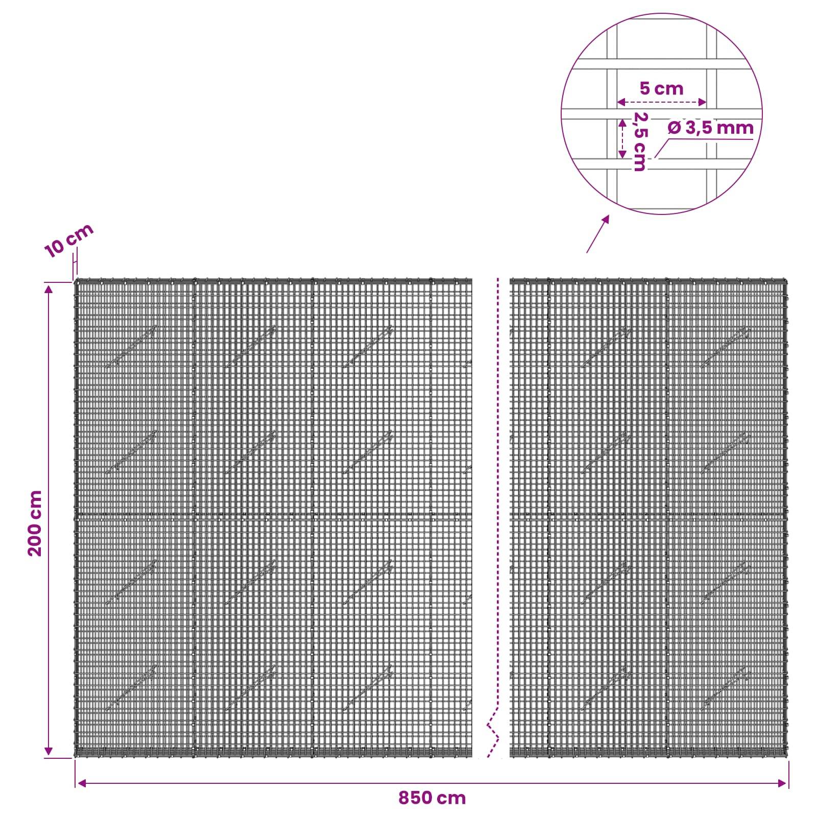 Technisches Diagramm eines großen Maschenpanels oder Zauns, 200 cm hoch und 850 cm breit, mit 10 cm Seitenrandabstand und Nahaufnahme mit 5 cm Maschenweite und 3,5 mm Drahtdurchmesser.