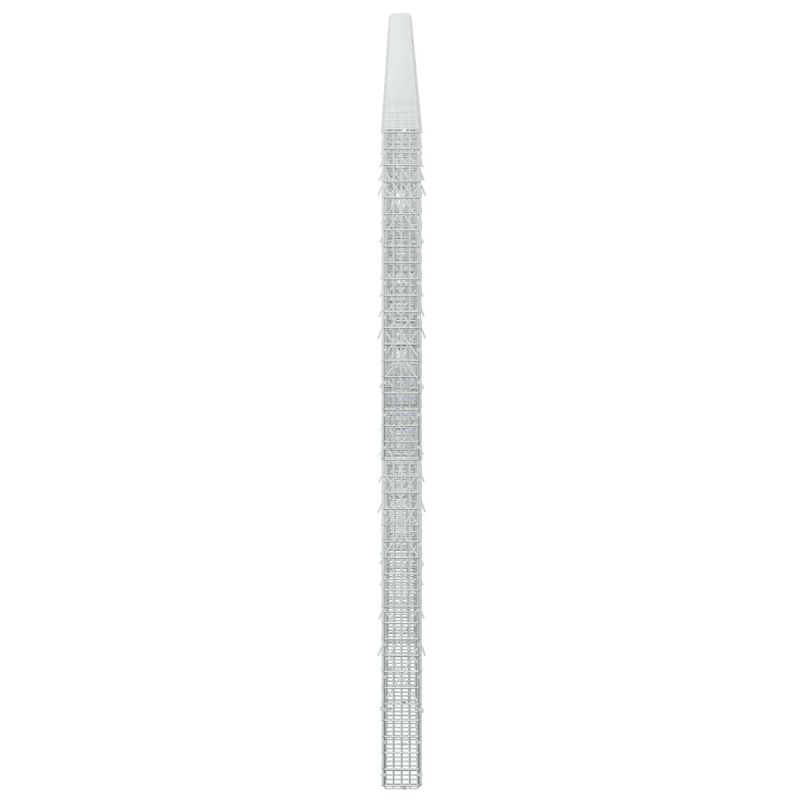 Hoher, schmaler Gitterturm mit sich verjüngender spitzer Spitze, zentriert auf einfachem weißem Hintergrund dargestellt.