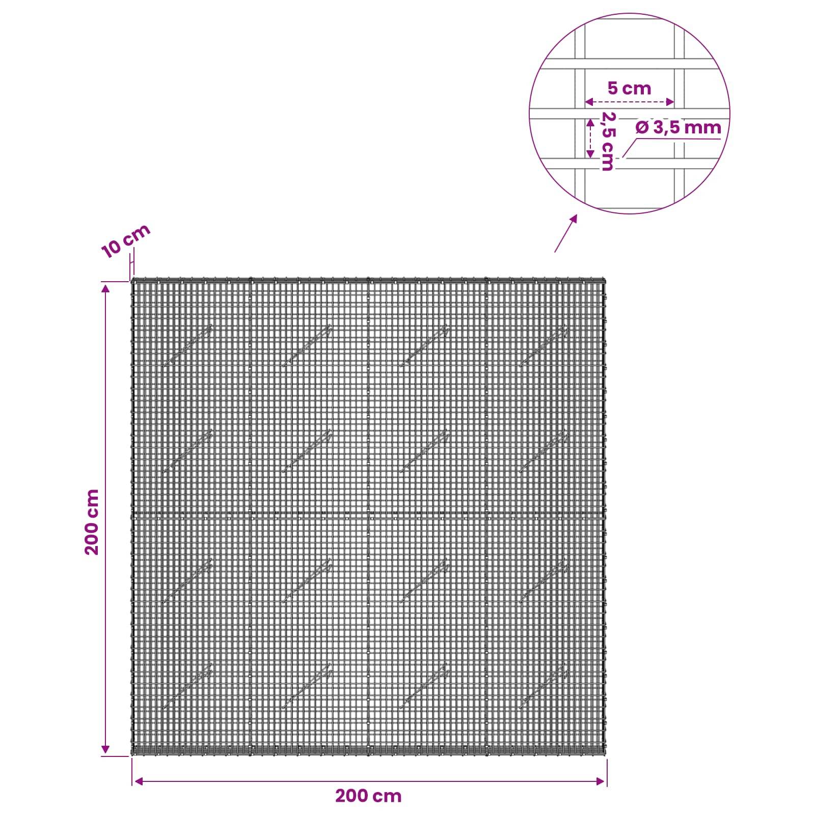 Diagramm eines quadratischen Maschenpanels mit Abmessungen von 200 cm x 200 cm, mit 10 cm Rändern und einer Vergrößerung, die einen Abstand von 5 cm x 2,5 cm und eine Drahtdicke von 3,5 mm zeigt.