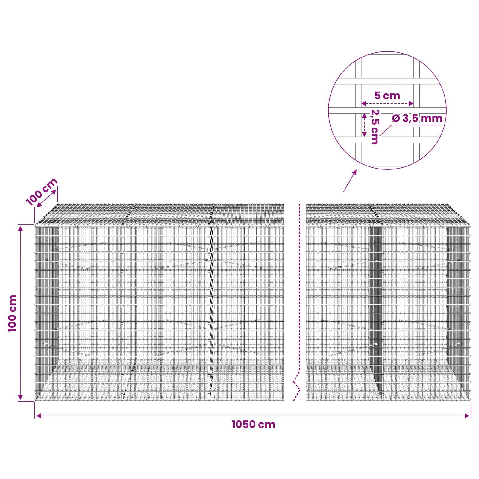 Diagramm von Drahtgitter-Gabionenkörben, zwei verbundene 100-cm-Würfel mit 1050 cm Gesamtlänge; Detailausschnitt zeigt 5-cm-Gitter und 3,5-mm-Drahtdurchmesser.