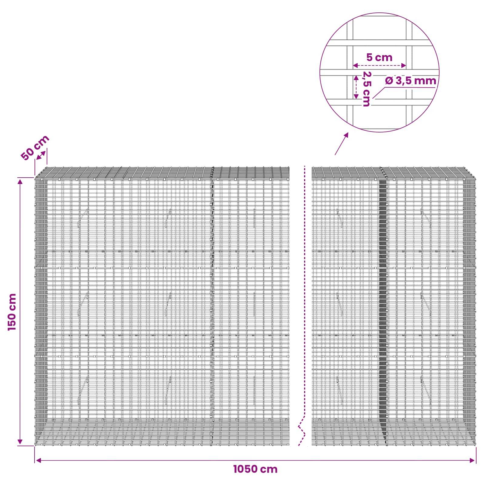 Drahtgeflecht-Käfigdiagramm mit Abmessungen: 1050 cm breit, 150 cm hoch, 50 cm tief, und eine Detailansicht mit 5 cm Abstand und 3,5 mm Drahtdurchmesser.
