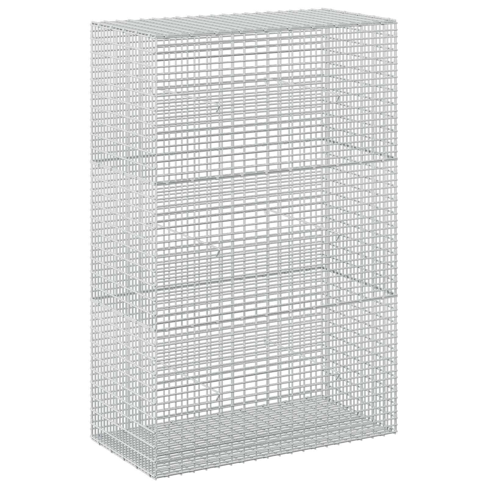 Drahtkörbe-Lagerkäfigschrank mit offener Front, gezeigt in hellem Grau auf weißem Hintergrund.