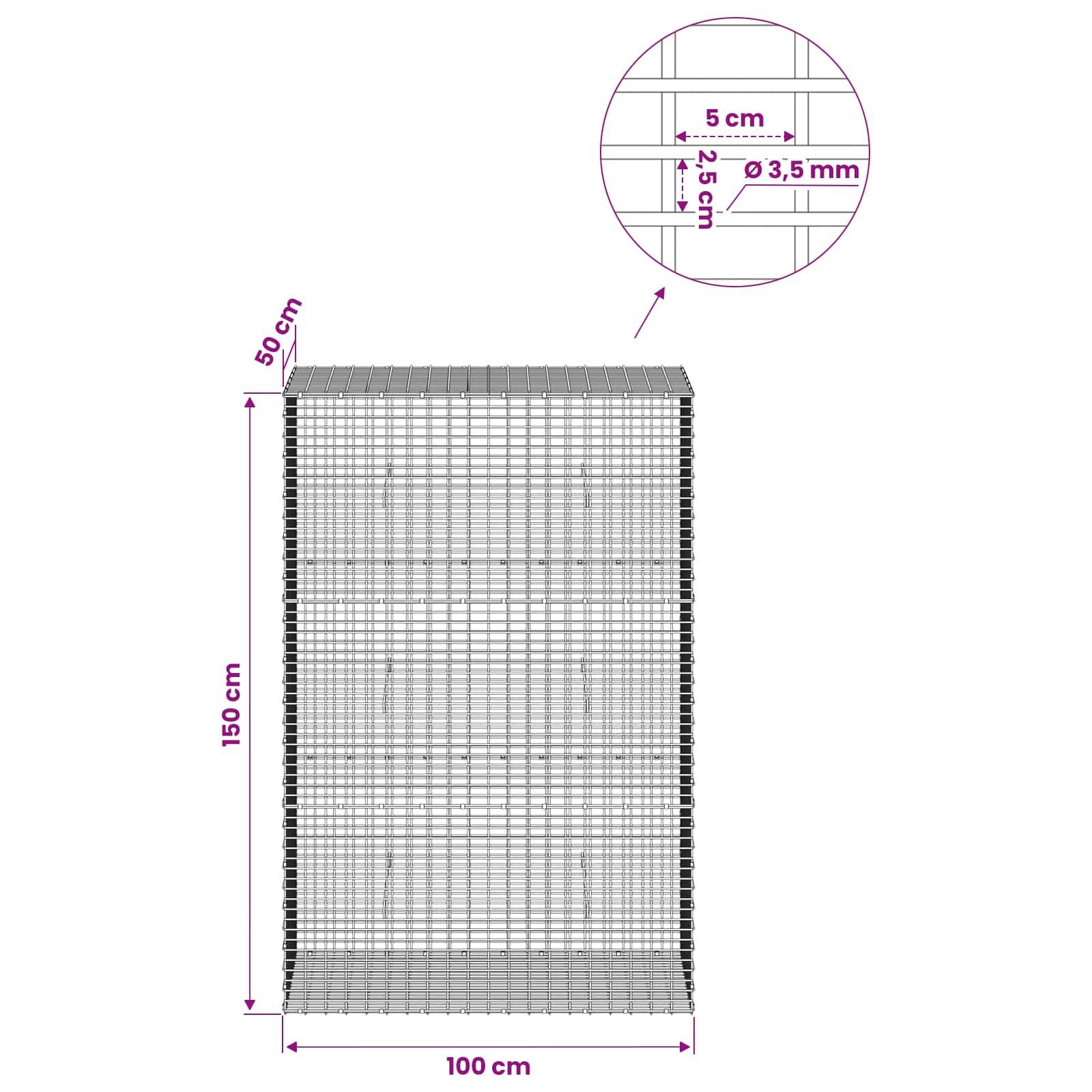 Drahtgeflecht-Paneel-Diagramm, das ein rechteckiges Gitter von 100 cm x 150 cm mit 5 cm Öffnungen und 3,5 mm Drahtdicke zeigt.