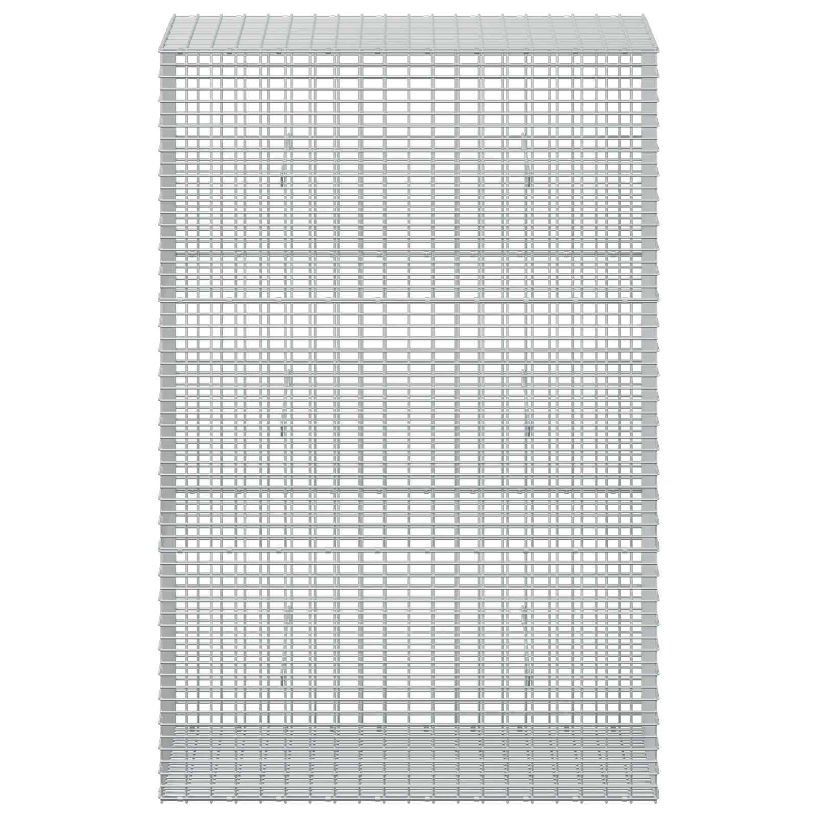 Ein großes rechteckiges graues Drahtgitterpanel mit einem dichteren, massiv wirkenden Band am unteren Ende, vor weißem Hintergrund dargestellt.