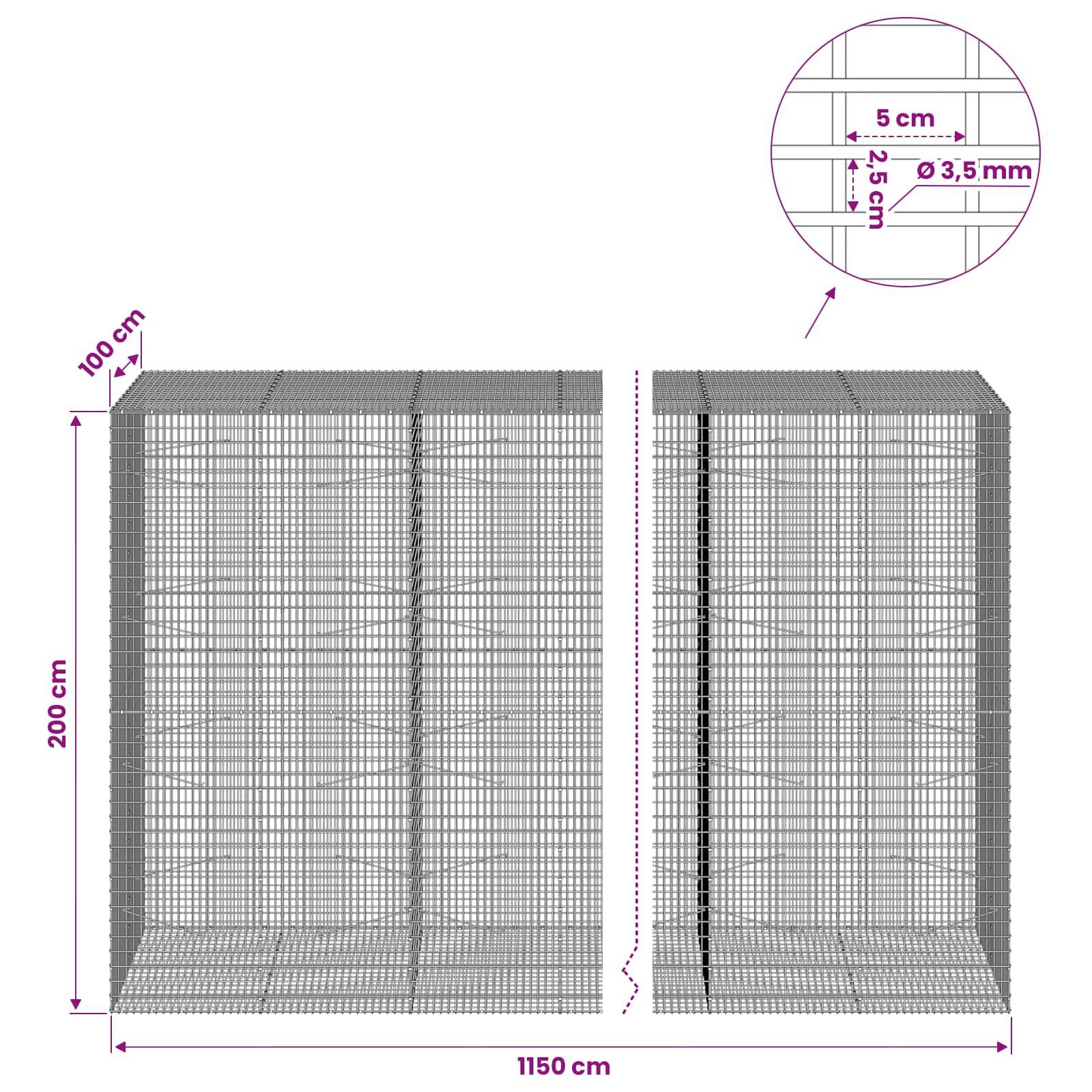 Technische Zeichnung eines Drahtgitterkäfigs mit den Abmessungen 1150 cm Breite, 200 cm Höhe und 100 cm Tiefe, mit einer Vergrößerungsdetailzeichnung, die einen Maschenabstand von 5 cm und einen Drahtdurchmesser von 3,5 mm anzeigt.