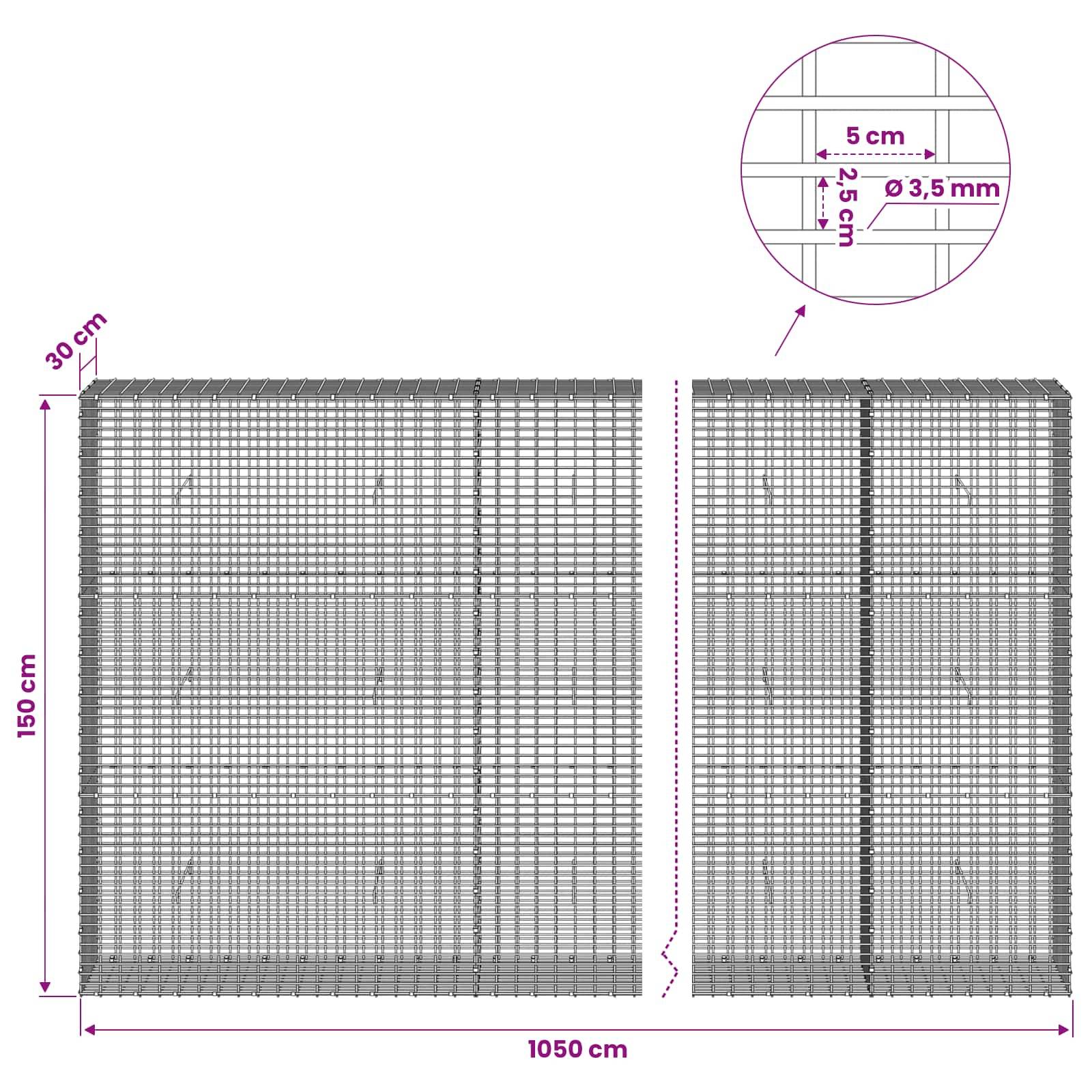 Technisches Diagramm eines Drahtgitterpaneels, das eine Breite von 1050 cm, eine Höhe von 150 cm, eine Tiefe von 30 cm, einen Gitterabstand von 5 cm und einen Drahtdurchmesser von 3,5 mm zeigt.