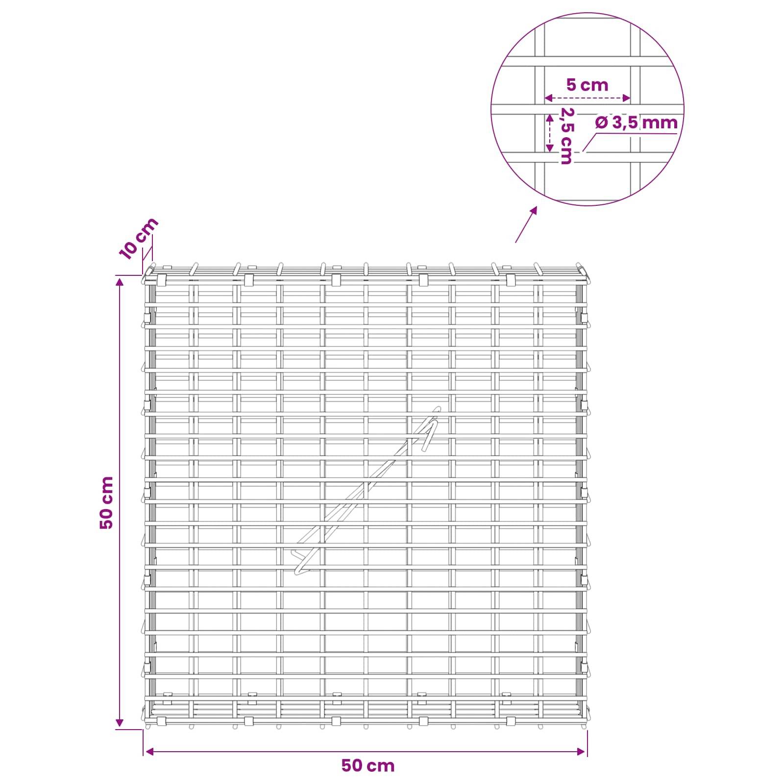 Drahtmaschenfeld-Diagramm mit einem 50 cm x 50 cm großen quadratischen Gitter mit 10 cm Tiefe; Detailausschnitt zeigt 5 cm Abstände und 3,5 mm Drahtdicke.