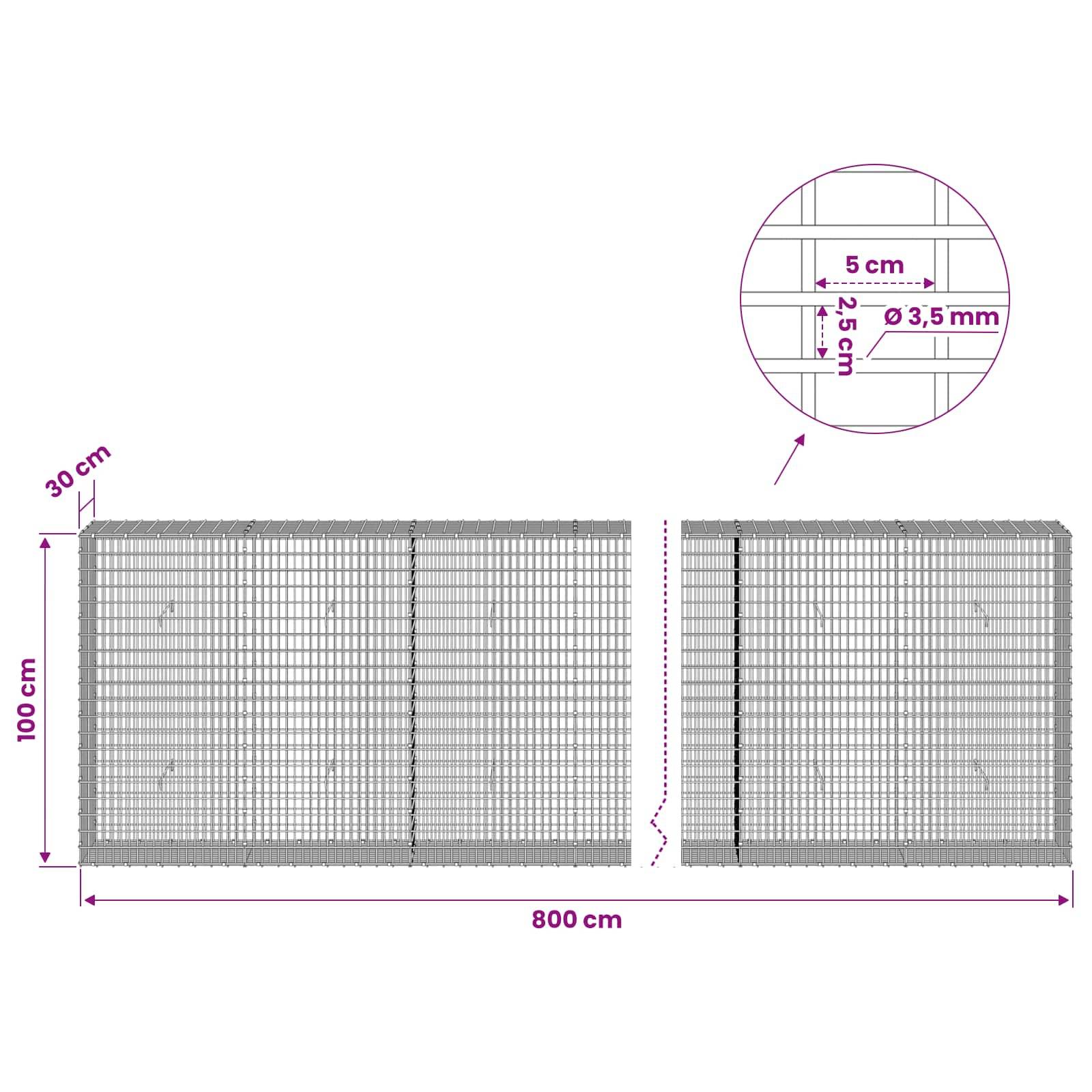 Diagramm eines Maschendrahtzaun-Elements mit den Abmessungen 800 cm Breite und 100 cm Höhe, mit 30 cm oberer Bereich und einer Detailansicht mit 5 cm Maschenweite und 3,5 mm Drahtdicke.