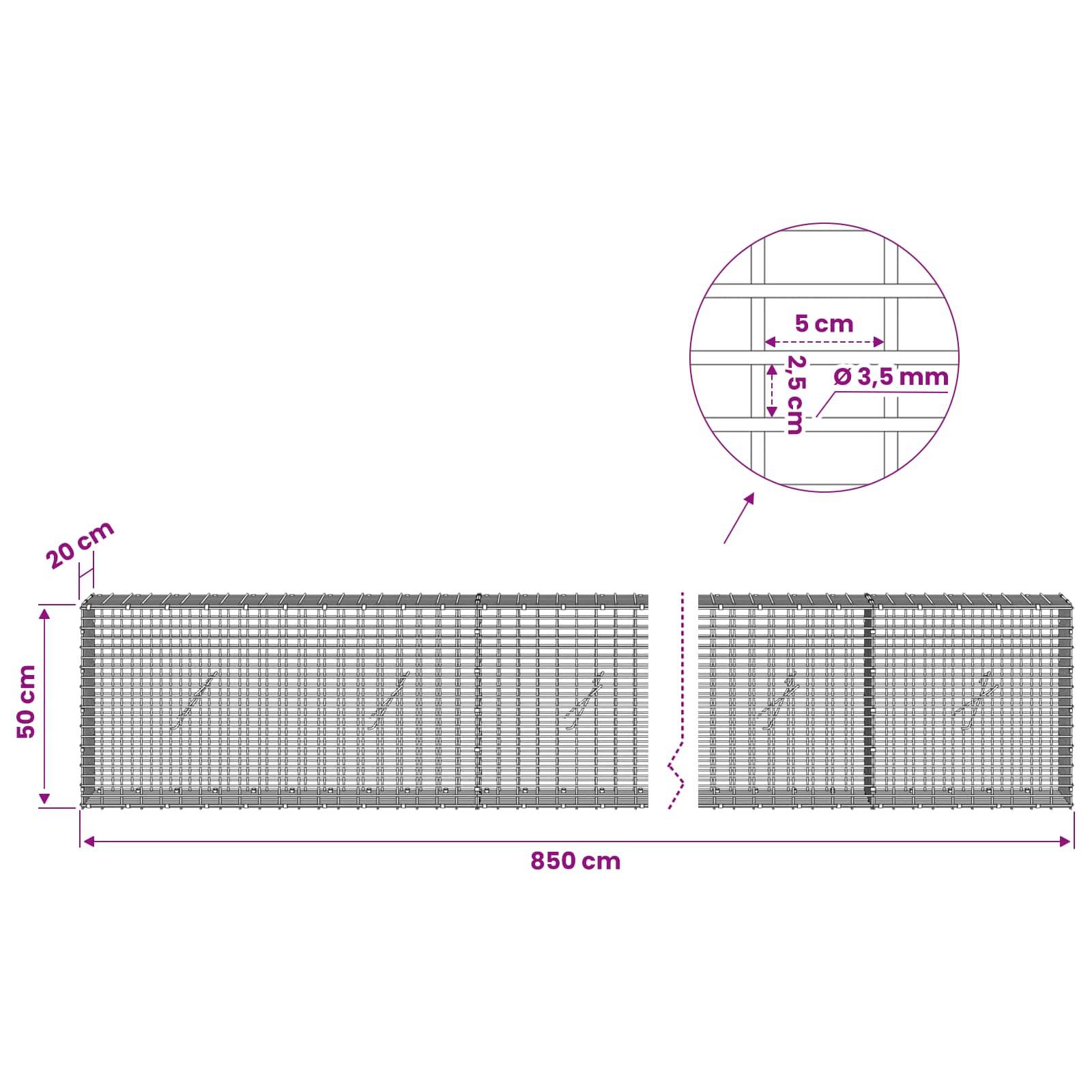 Technische Zeichnung einer Drahtgitterpaneel: 850 cm breit, 50 cm hoch, mit 20 cm Oberkante gebogen; Nahaufnahme zeigt 5 cm Abstand und 3,5 mm Drahtdurchmesser.