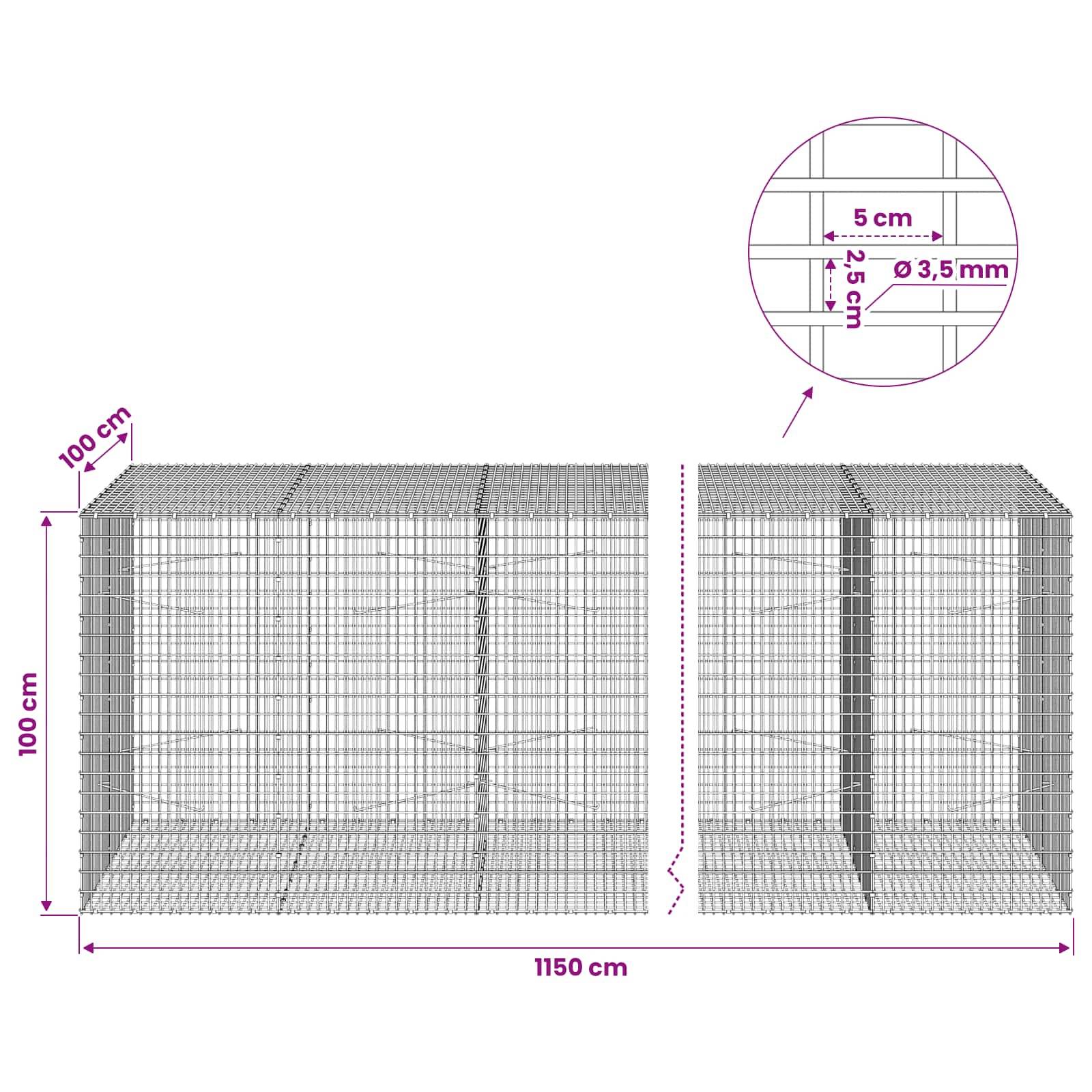 Technisches Diagramm von Drahtkörben mit Steinfüllung (Gabionen) mit Abmessungen: 100 cm Höhe, 100 cm Tiefe, 1150 cm Länge, mit 5 cm Maschenweite und 3,5 mm Drahtdurchmesser.