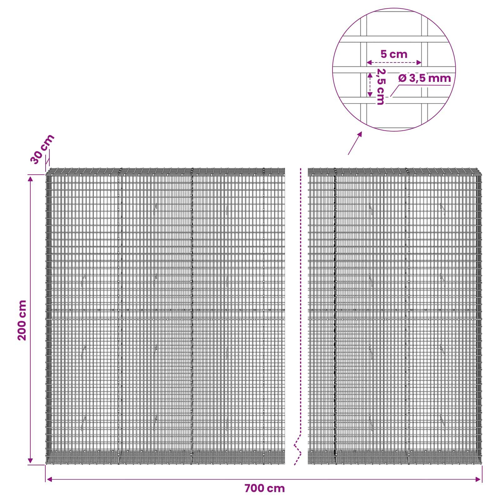 Technisches Diagramm zweier Drahtgitterplatten, das die Gesamtgröße von 700 cm Breite und 200 cm Höhe sowie eine Nahaufnahme mit 5 cm Maschenweite und 3,5 mm Drahtdurchmesser zeigt.