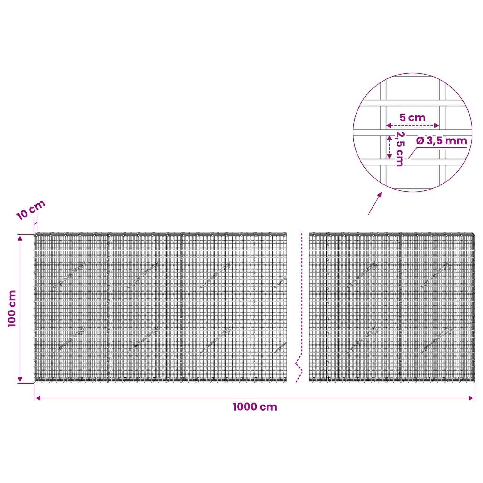 Diagramm eines Drahtgitterpaneels mit einer Gesamtgröße von 1000 cm mal 100 cm, mit einer vergrößerten Detailansicht von 5 cm mal 2,5 cm und 3,5 mm Drahtabstand.